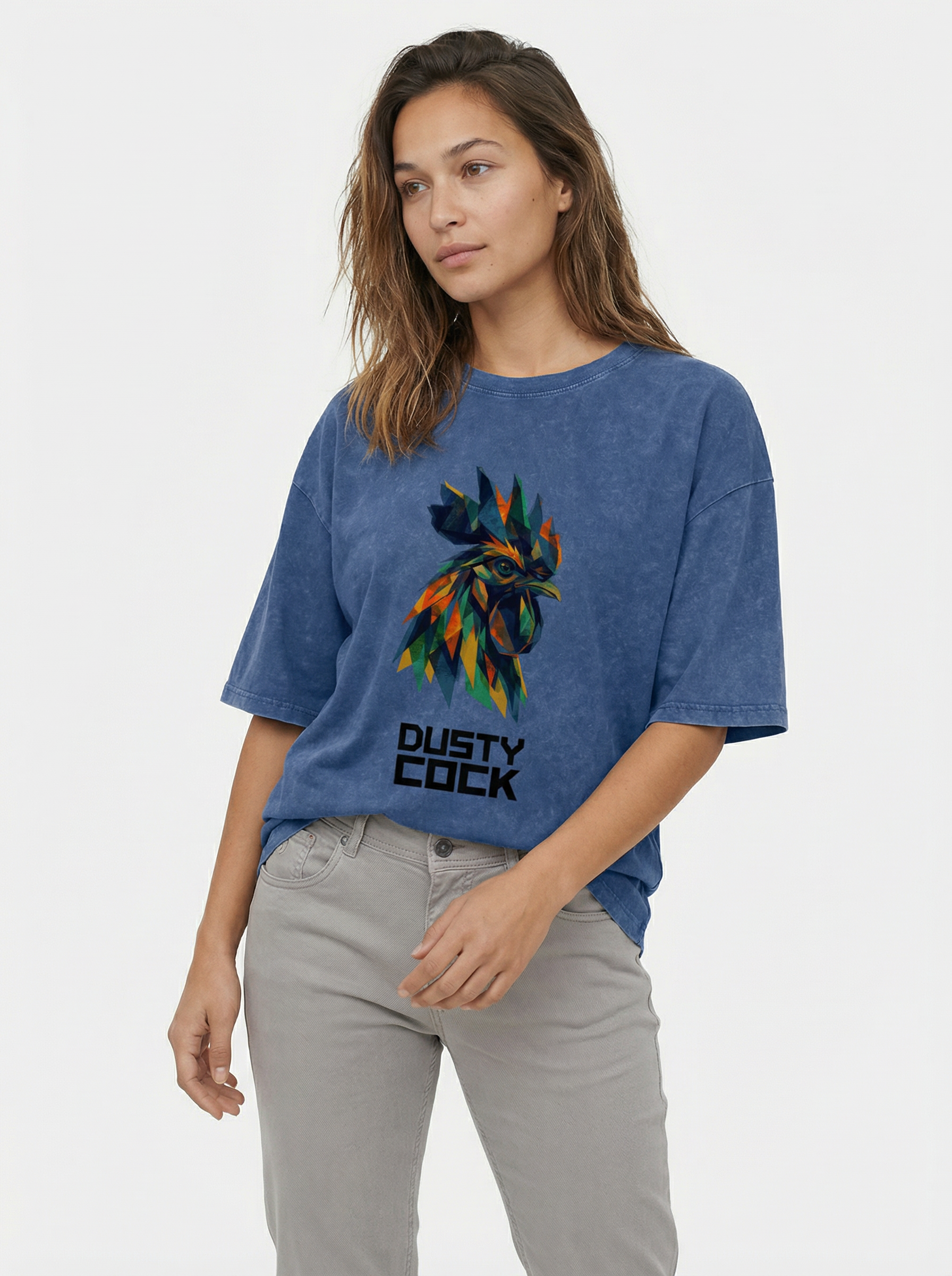 Dusty Cock “Prismatic Rooster” Geometric Head Graphic Tee – Heavyweight 100% Cotton, Vintage Wash, Washed
