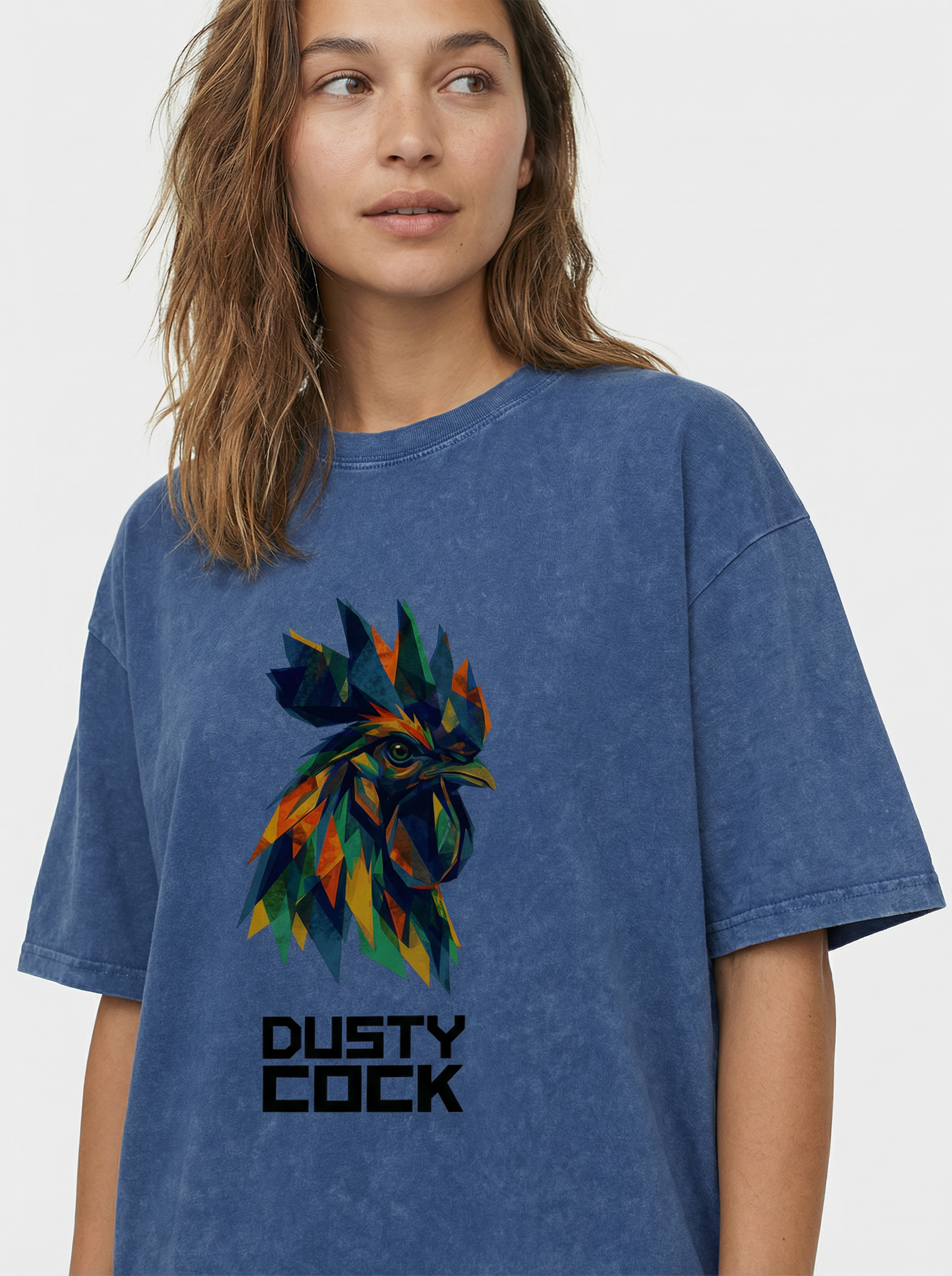Dusty Cock “Prismatic Rooster” Geometric Head Graphic Tee – Heavyweight 100% Cotton, Vintage Wash, Washed