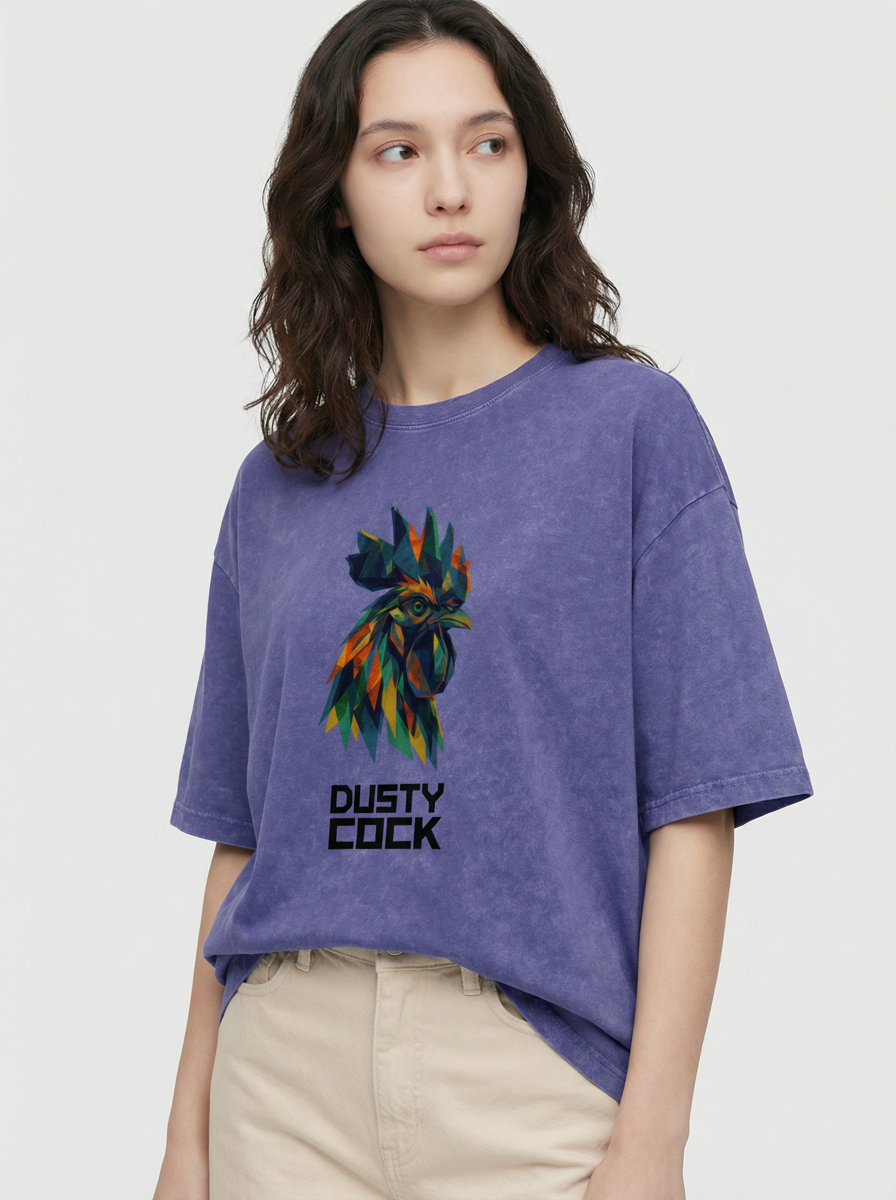 Dusty Cock “Prismatic Rooster” Geometric Head Graphic Tee – Heavyweight 100% Cotton, Vintage Wash, Washed