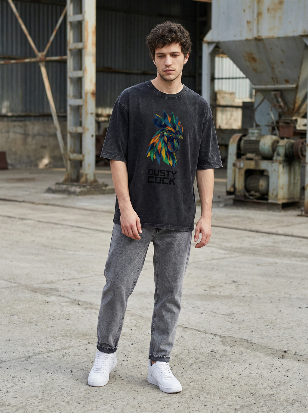 Dusty Cock “Prismatic Rooster” Geometric Head Graphic Tee – Heavyweight 100% Cotton, Vintage Wash, Washed