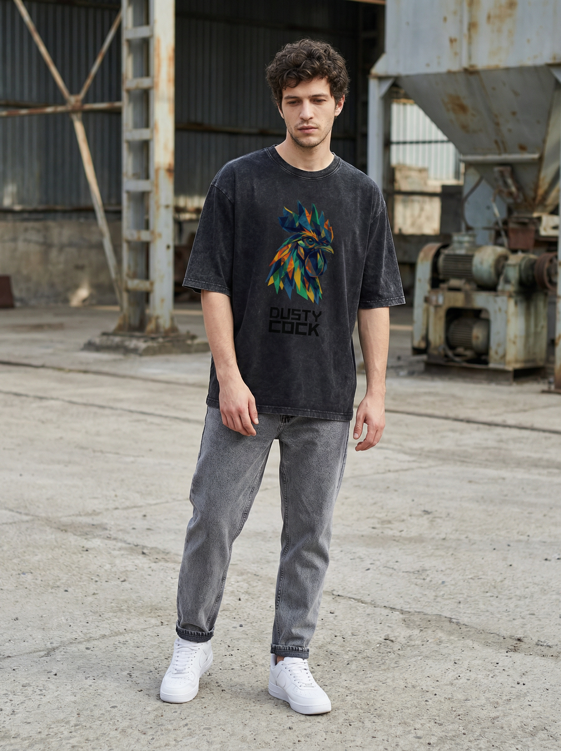 Dusty Cock “Prismatic Rooster” Geometric Head Graphic Tee – Heavyweight 100% Cotton, Vintage Wash, Washed