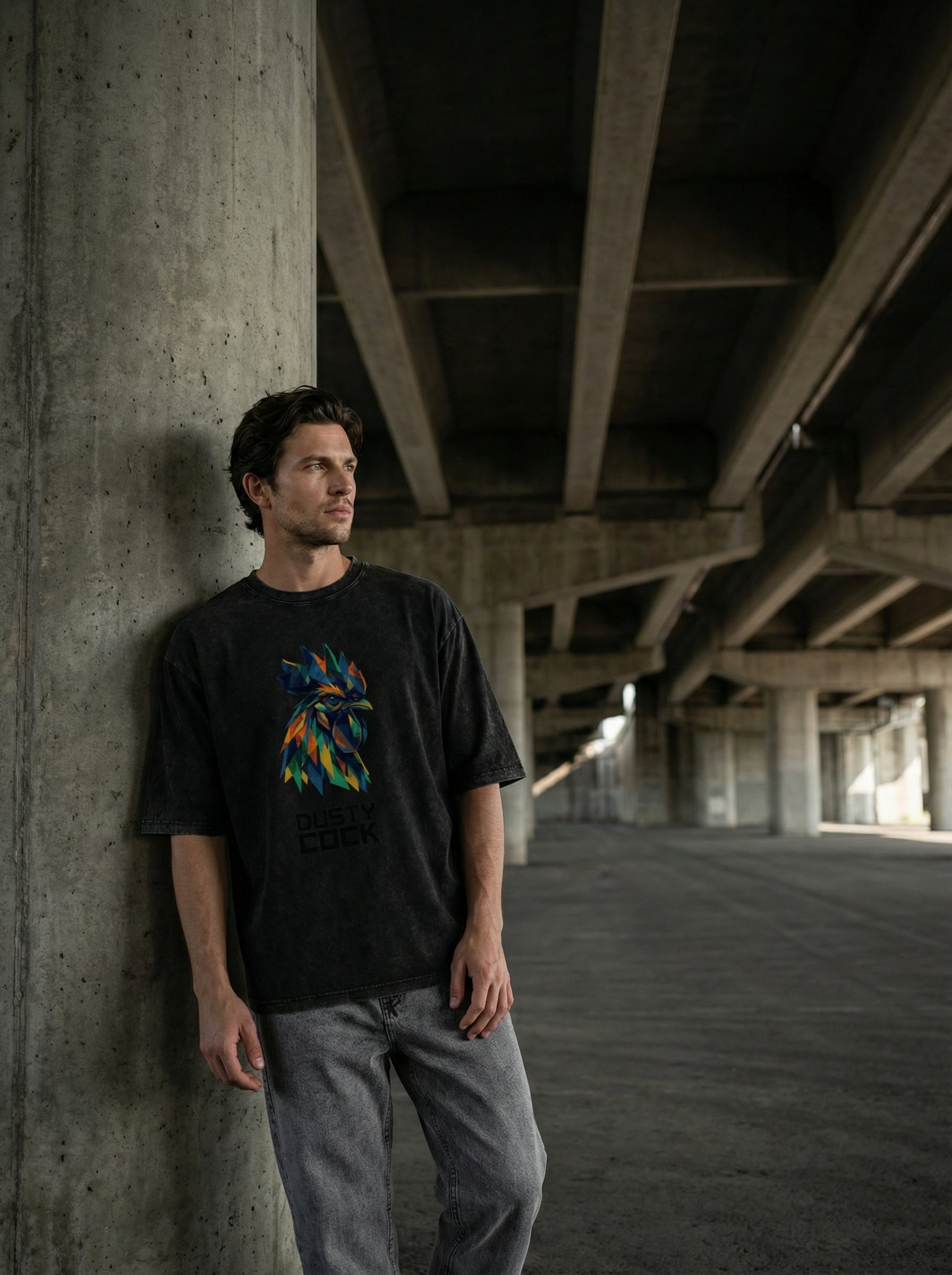 Dusty Cock “Prismatic Rooster” Geometric Head Graphic Tee – Heavyweight 100% Cotton, Vintage Wash, Washed