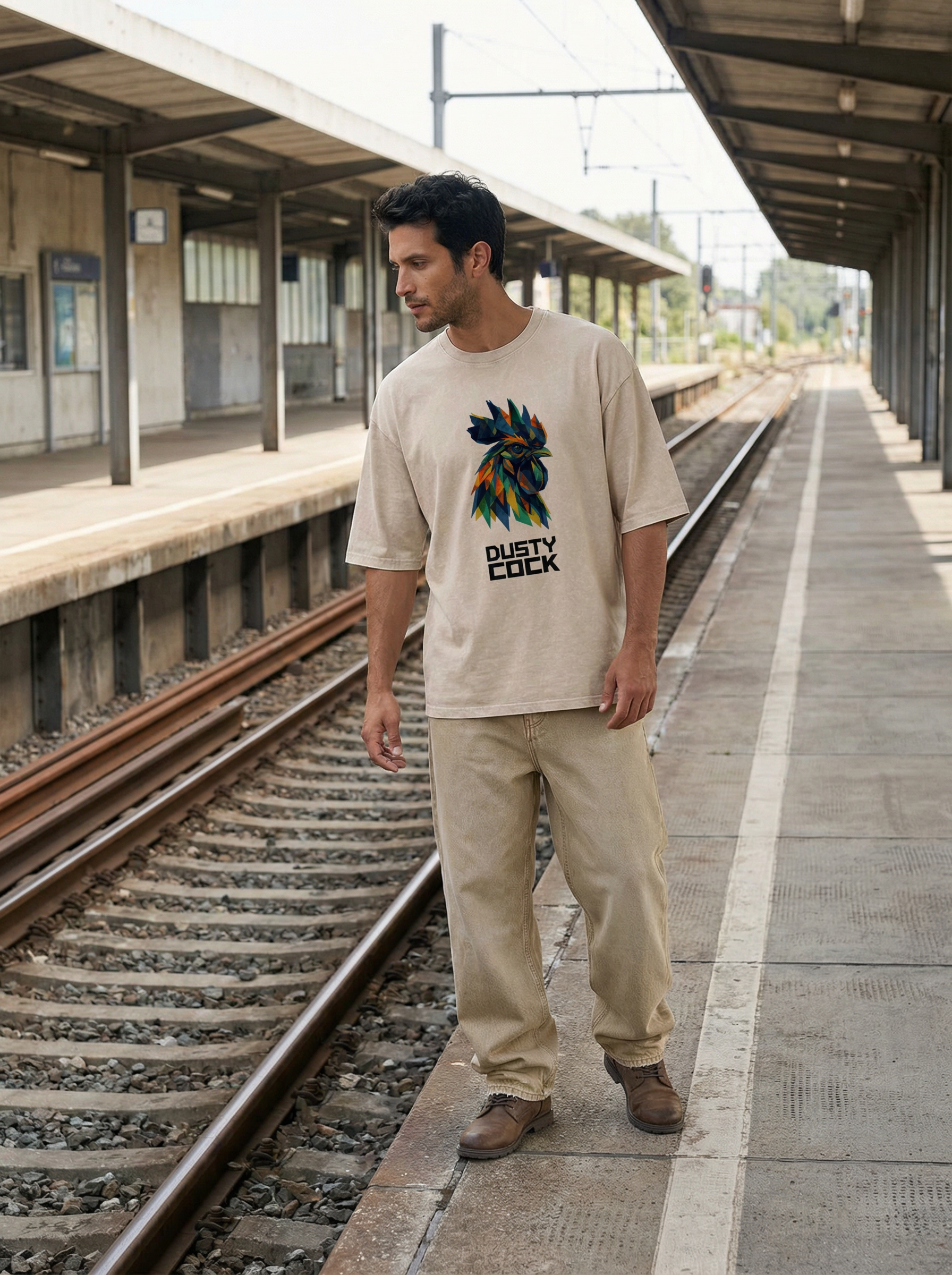 Dusty Cock “Prismatic Rooster” Geometric Head Graphic Tee – Heavyweight 100% Cotton, Vintage Wash, Washed, White
