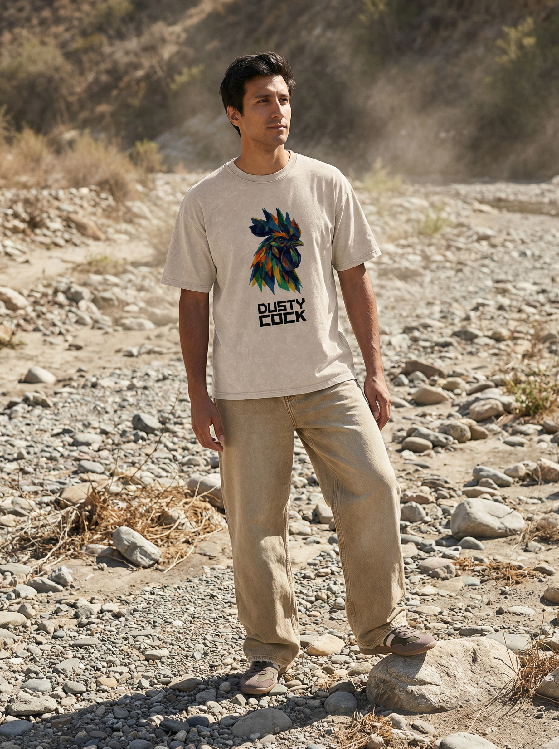 Dusty Cock “Prismatic Rooster” Geometric Head Graphic Tee – Heavyweight 100% Cotton, Vintage Wash, Washed, White