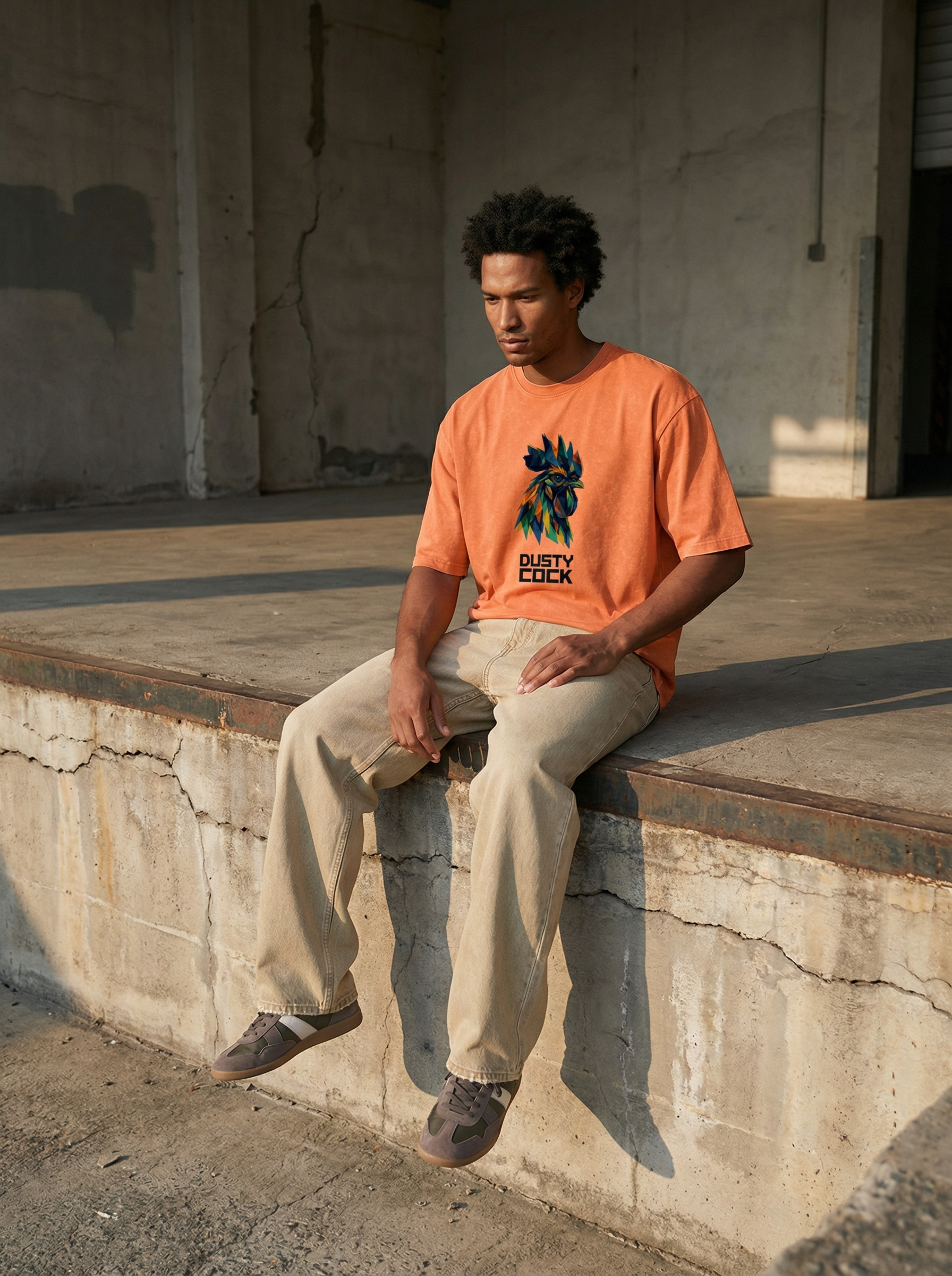 Dusty Cock “Prismatic Rooster” Geometric Head Graphic Tee – Heavyweight 100% Cotton, Vintage Wash, Washed