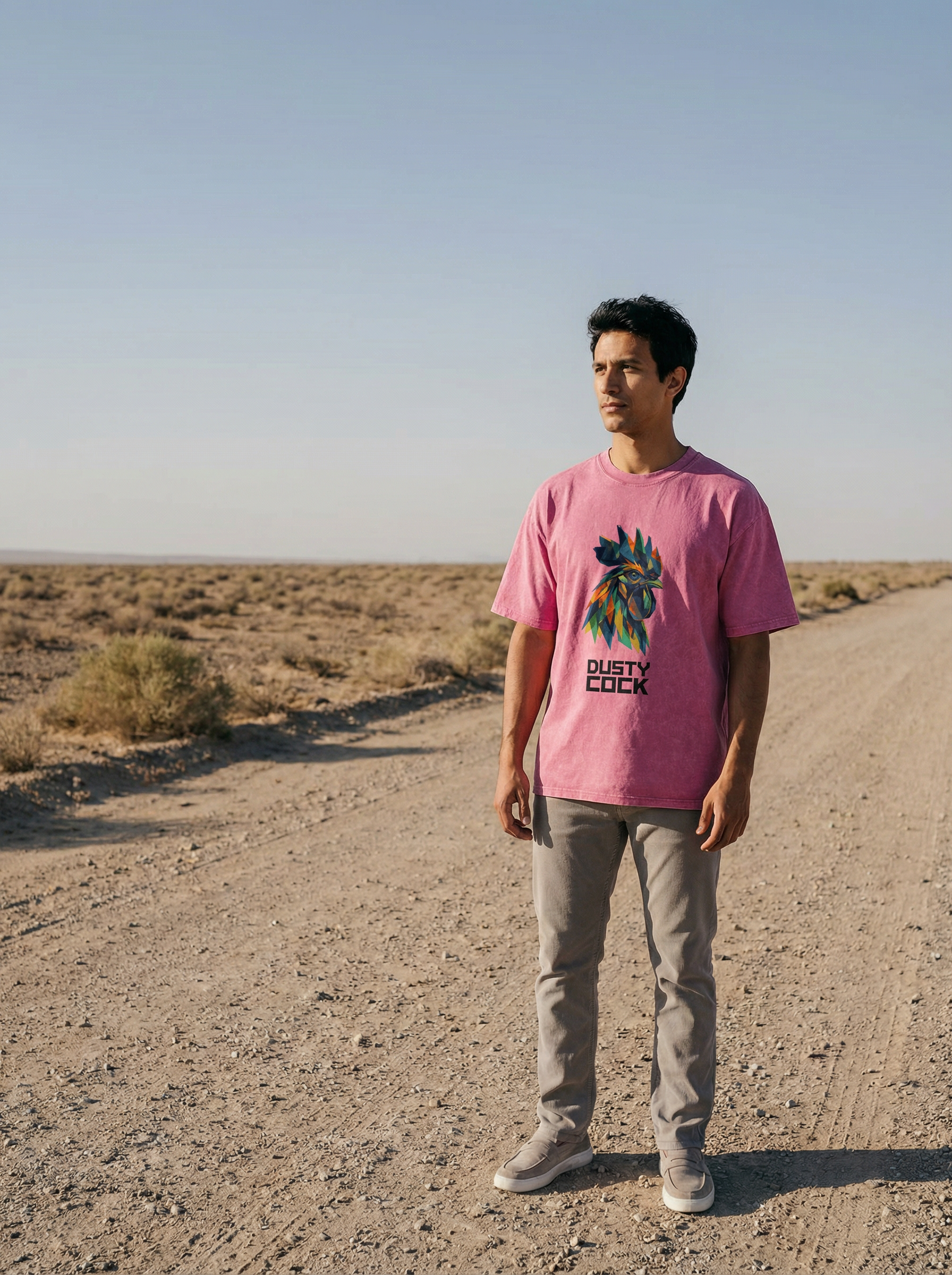 Dusty Cock “Prismatic Rooster” Geometric Head Graphic Tee – Heavyweight 100% Cotton, Vintage Wash, Washed