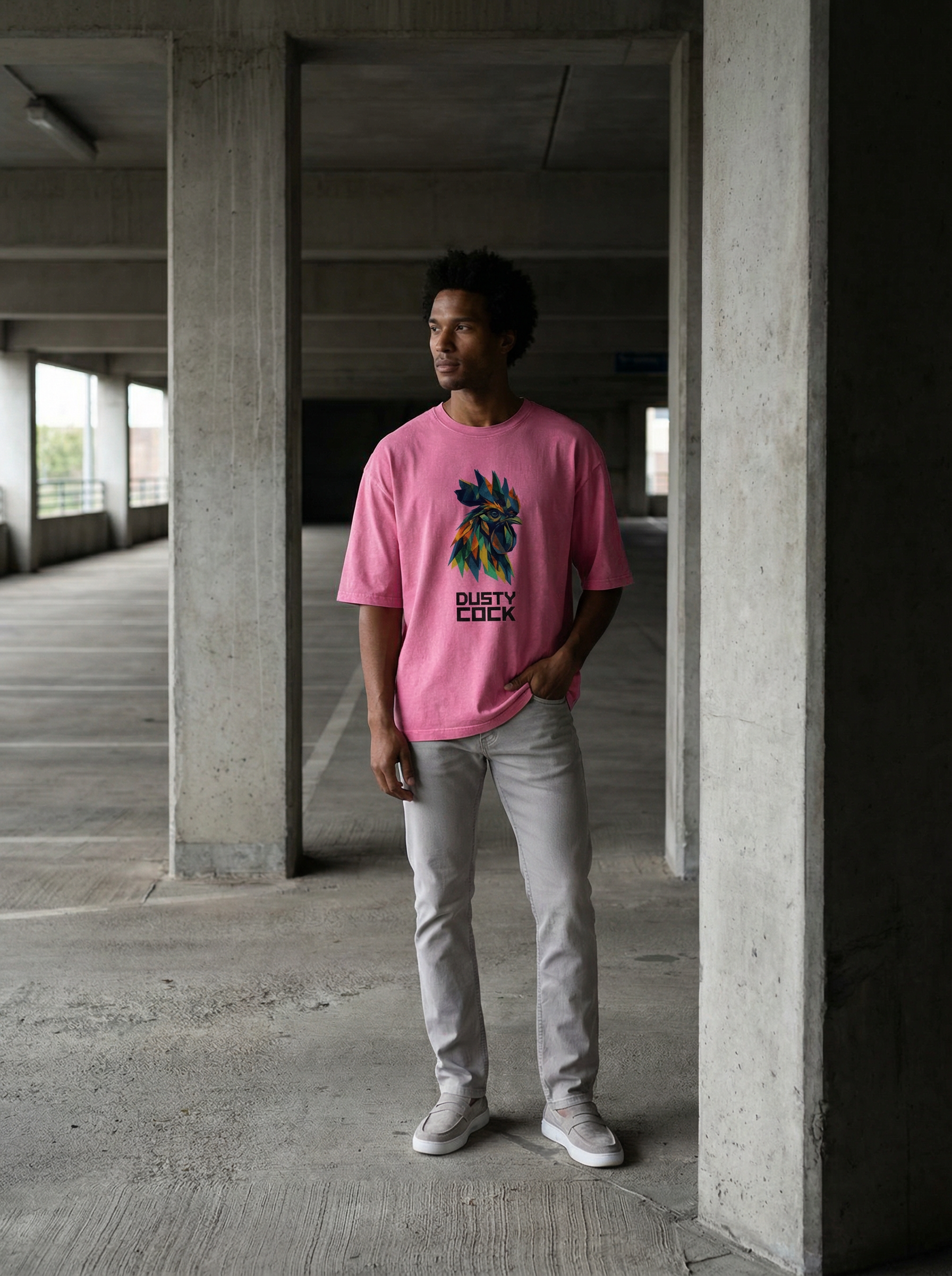 Dusty Cock “Prismatic Rooster” Geometric Head Graphic Tee – Heavyweight 100% Cotton, Vintage Wash, Washed