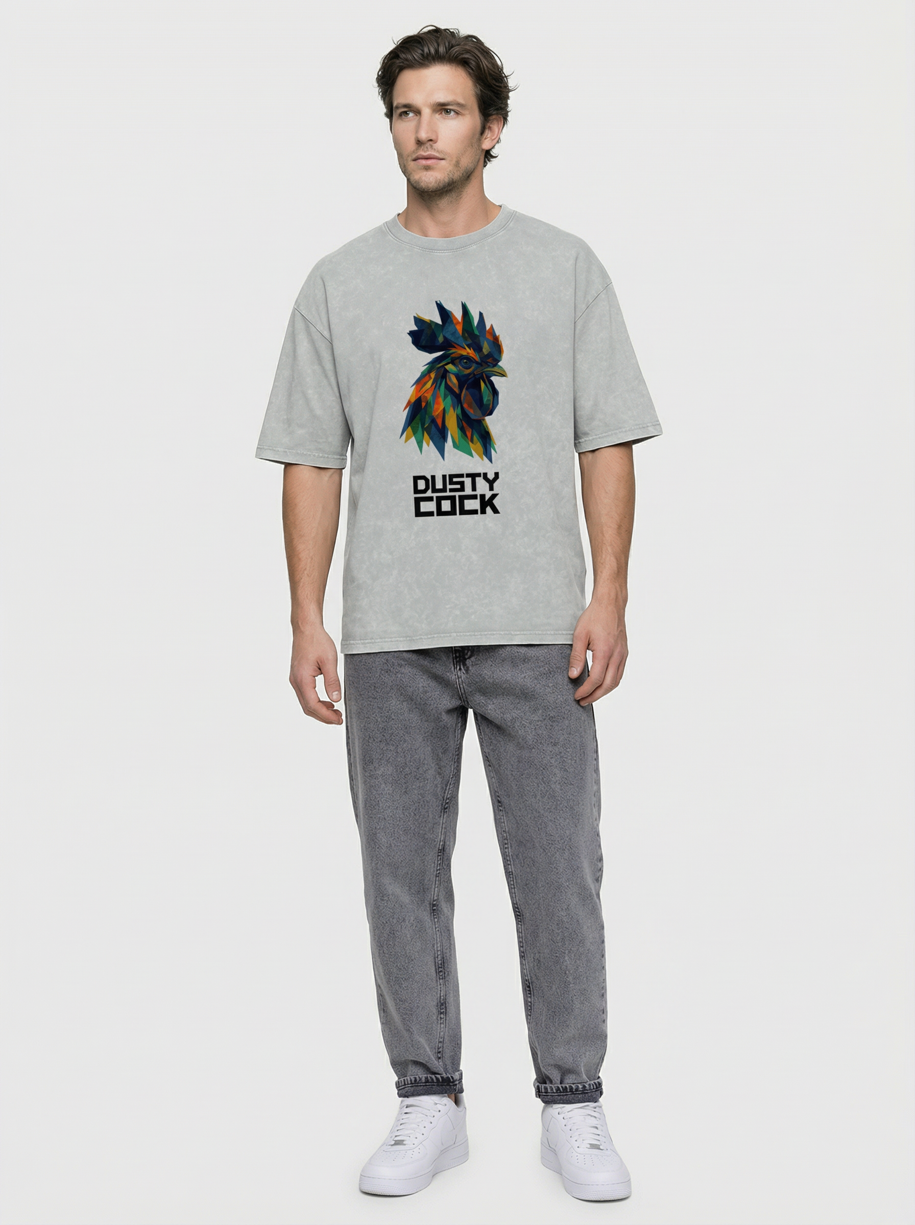 Dusty Cock “Prismatic Rooster” Geometric Head Graphic Tee – Heavyweight 100% Cotton, Vintage Wash, Washed