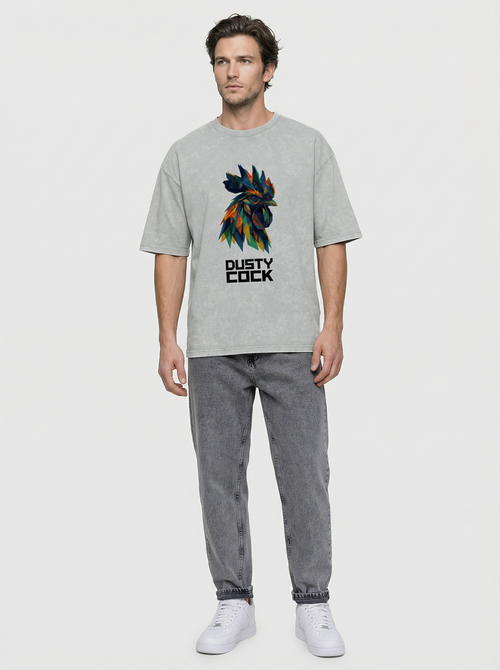 Dusty Cock “Prismatic Rooster” Geometric Head Graphic Tee – Heavyweight 100% Cotton, Vintage Wash, Washed