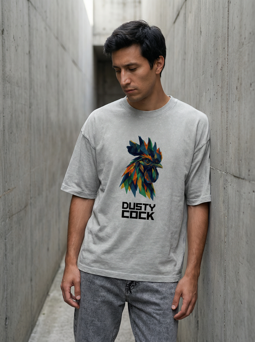 Dusty Cock “Prismatic Rooster” Geometric Head Graphic Tee – Heavyweight 100% Cotton, Vintage Wash, Washed