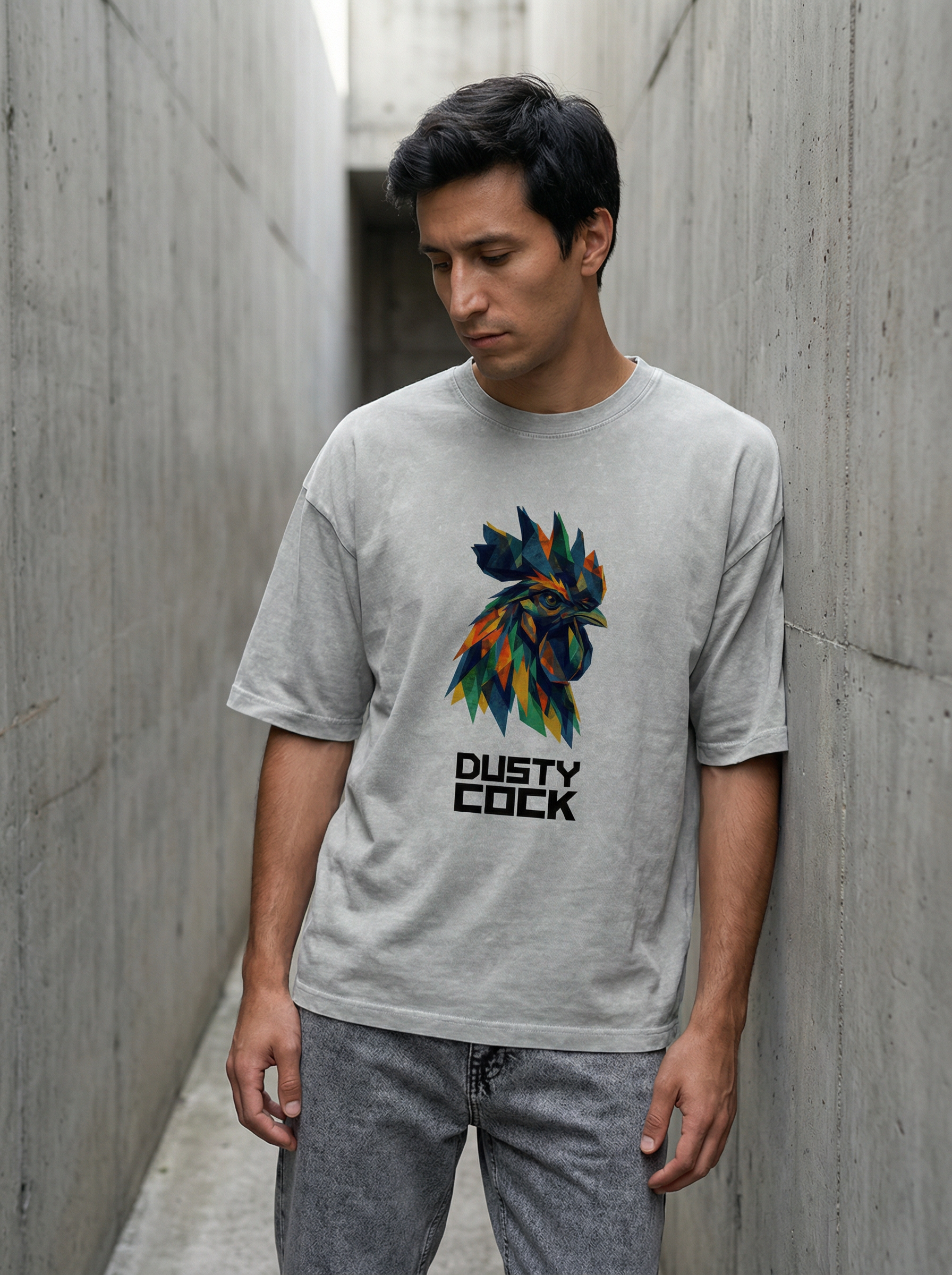 Dusty Cock “Prismatic Rooster” Geometric Head Graphic Tee – Heavyweight 100% Cotton, Vintage Wash, Washed