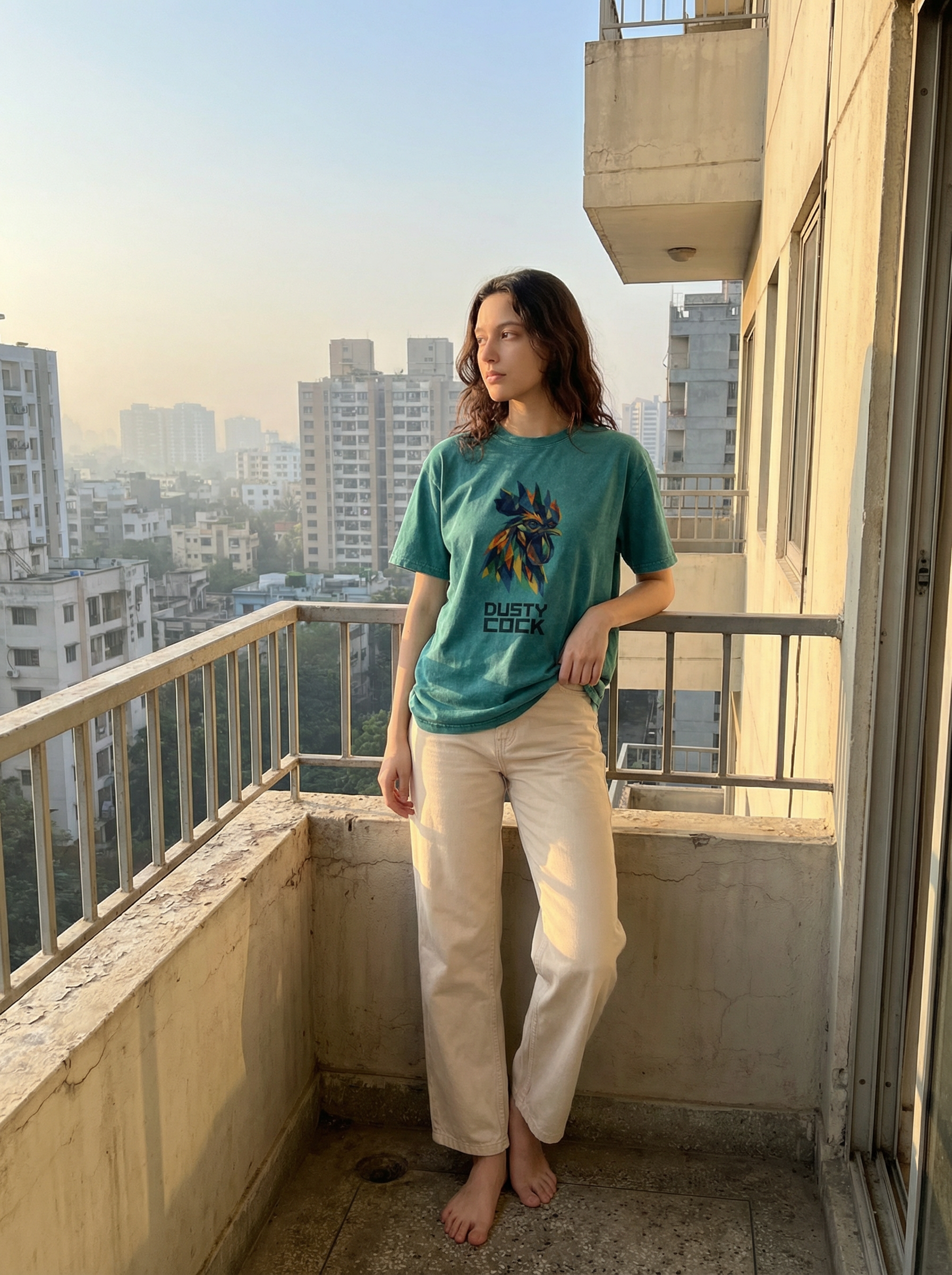 Dusty Cock “Prismatic Rooster” Geometric Head Graphic Tee – Heavyweight 100% Cotton, Vintage Wash, Washed