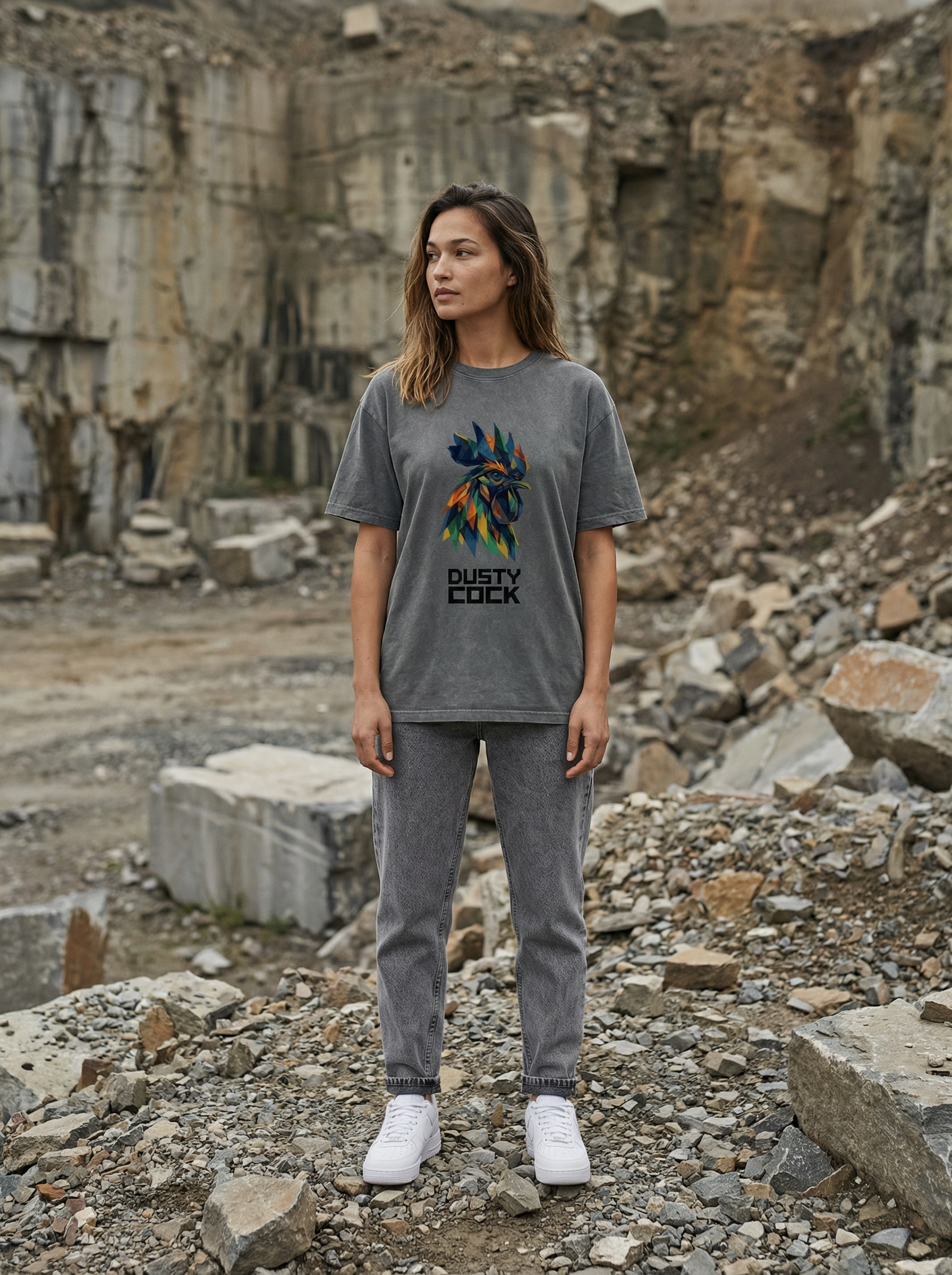 Dusty Cock “Prismatic Rooster” Geometric Head Graphic Tee – Heavyweight 100% Cotton, Vintage Wash, Washed