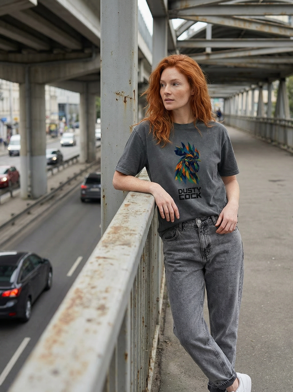 Dusty Cock “Prismatic Rooster” Geometric Head Graphic Tee – Heavyweight 100% Cotton, Vintage Wash, Washed