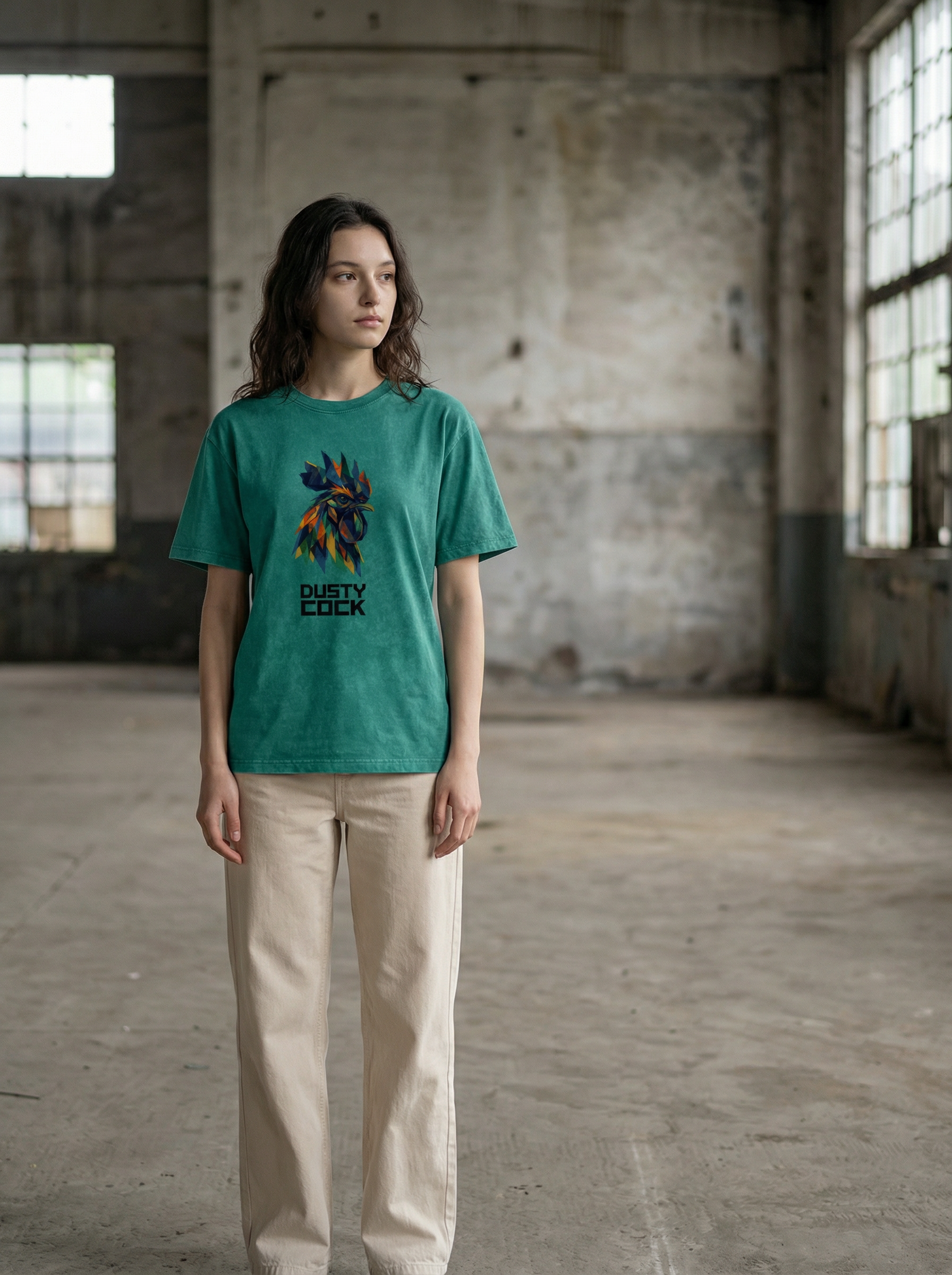 Dusty Cock “Prismatic Rooster” Geometric Head Graphic Tee – Heavyweight 100% Cotton, Vintage Wash, Washed