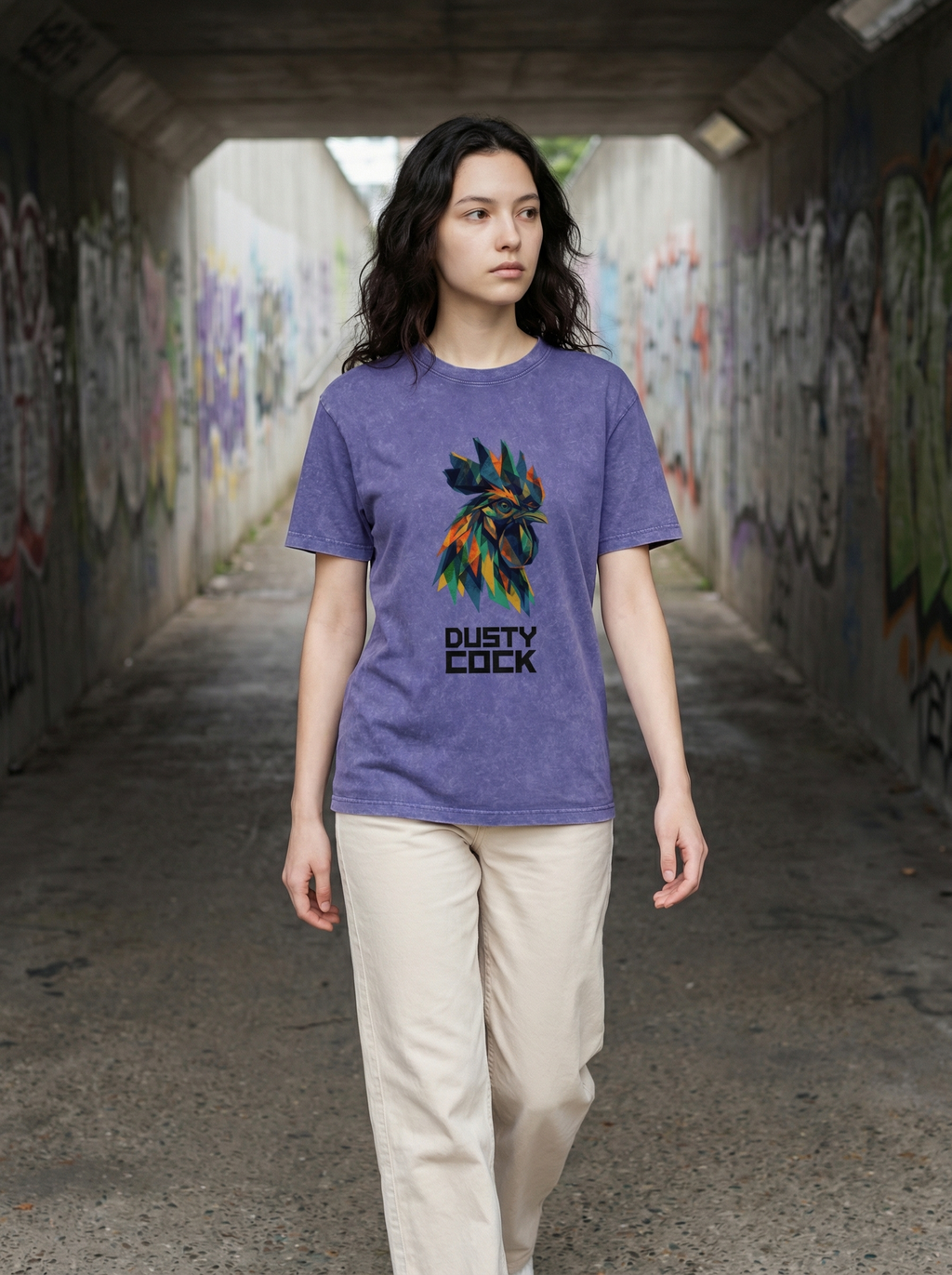 Dusty Cock “Prismatic Rooster” Geometric Head Graphic Tee – Heavyweight 100% Cotton, Vintage Wash, Washed