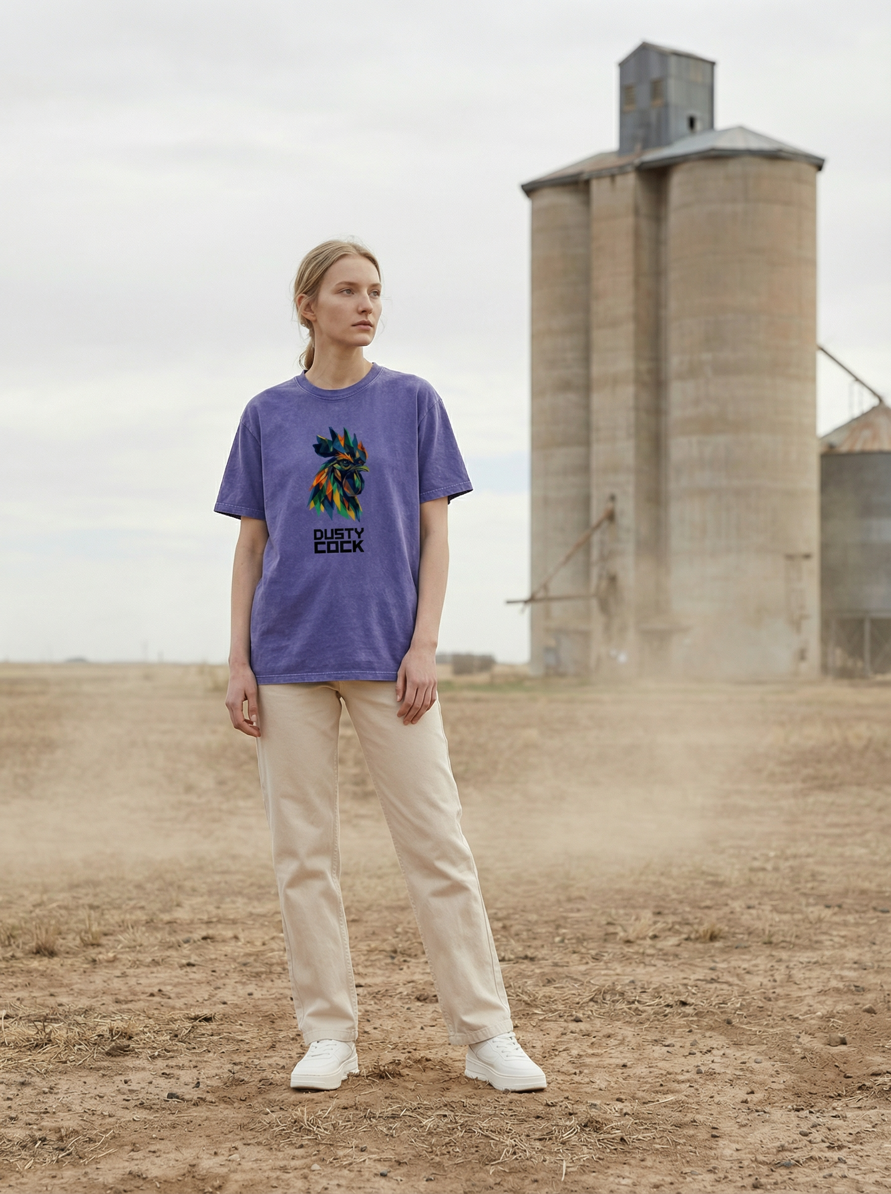 Dusty Cock “Prismatic Rooster” Geometric Head Graphic Tee – Heavyweight 100% Cotton, Vintage Wash, Washed