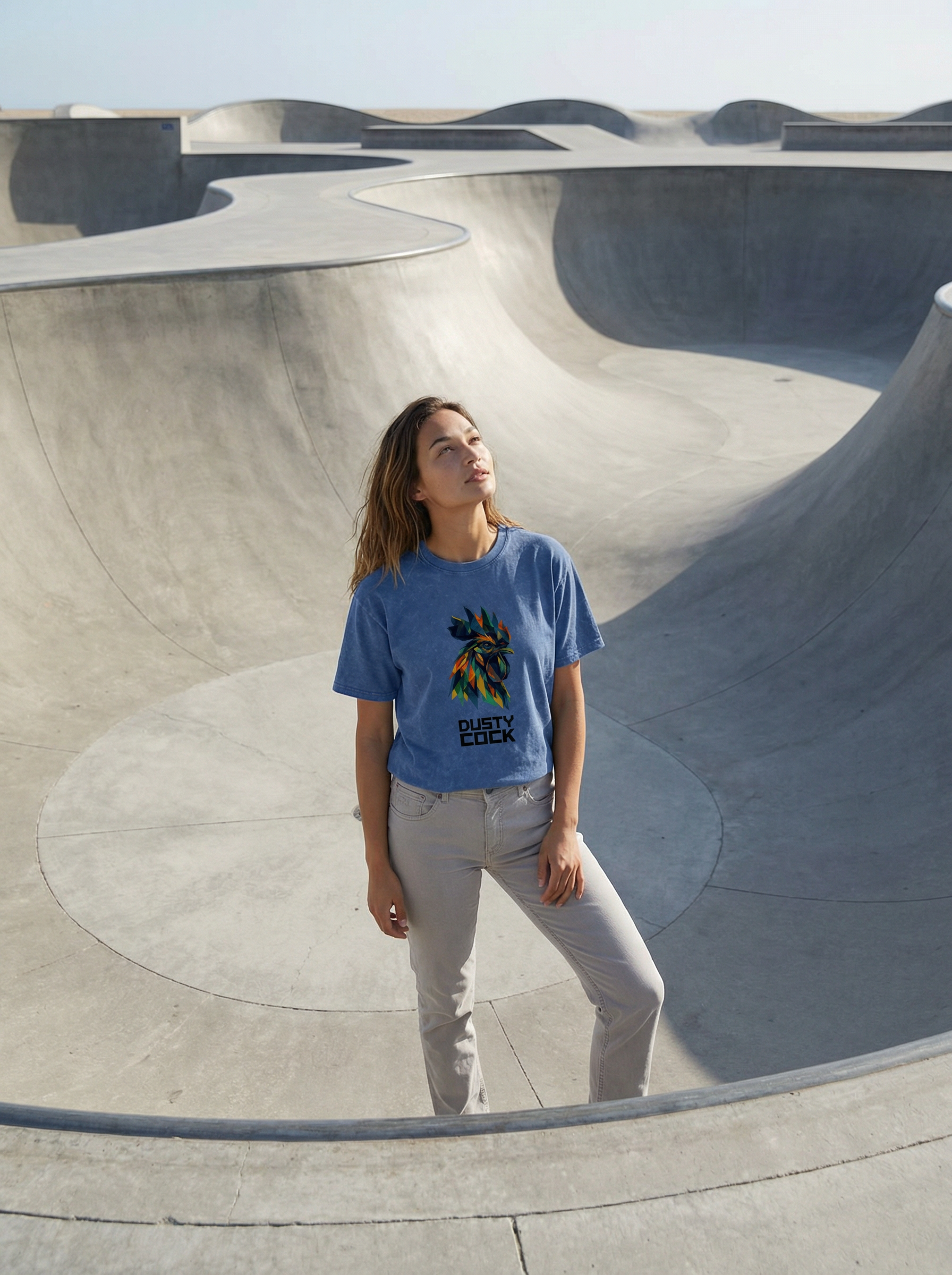 Dusty Cock “Prismatic Rooster” Geometric Head Graphic Tee – Heavyweight 100% Cotton, Vintage Wash, Washed