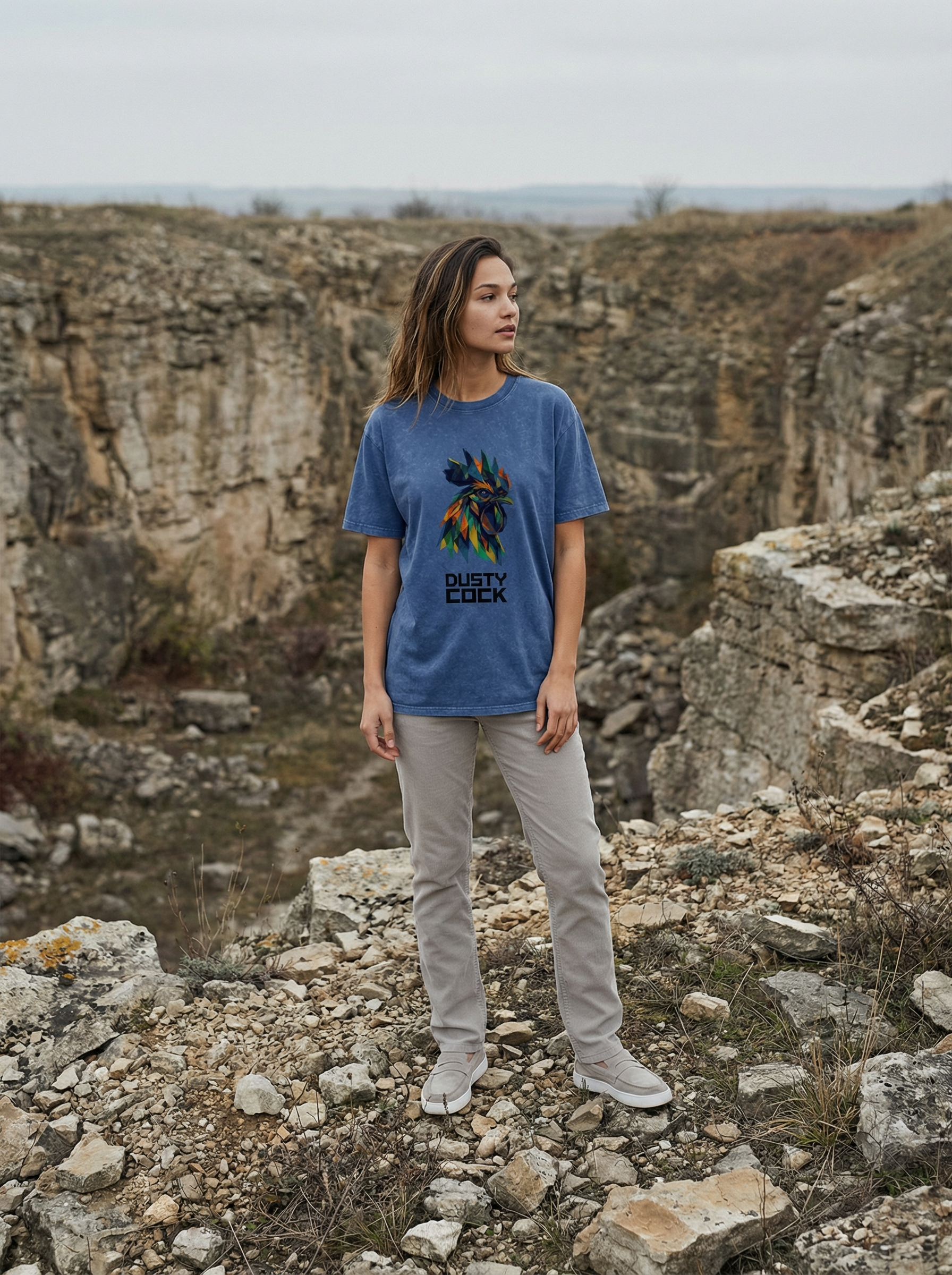 Dusty Cock “Prismatic Rooster” Geometric Head Graphic Tee – Heavyweight 100% Cotton, Vintage Wash, Washed