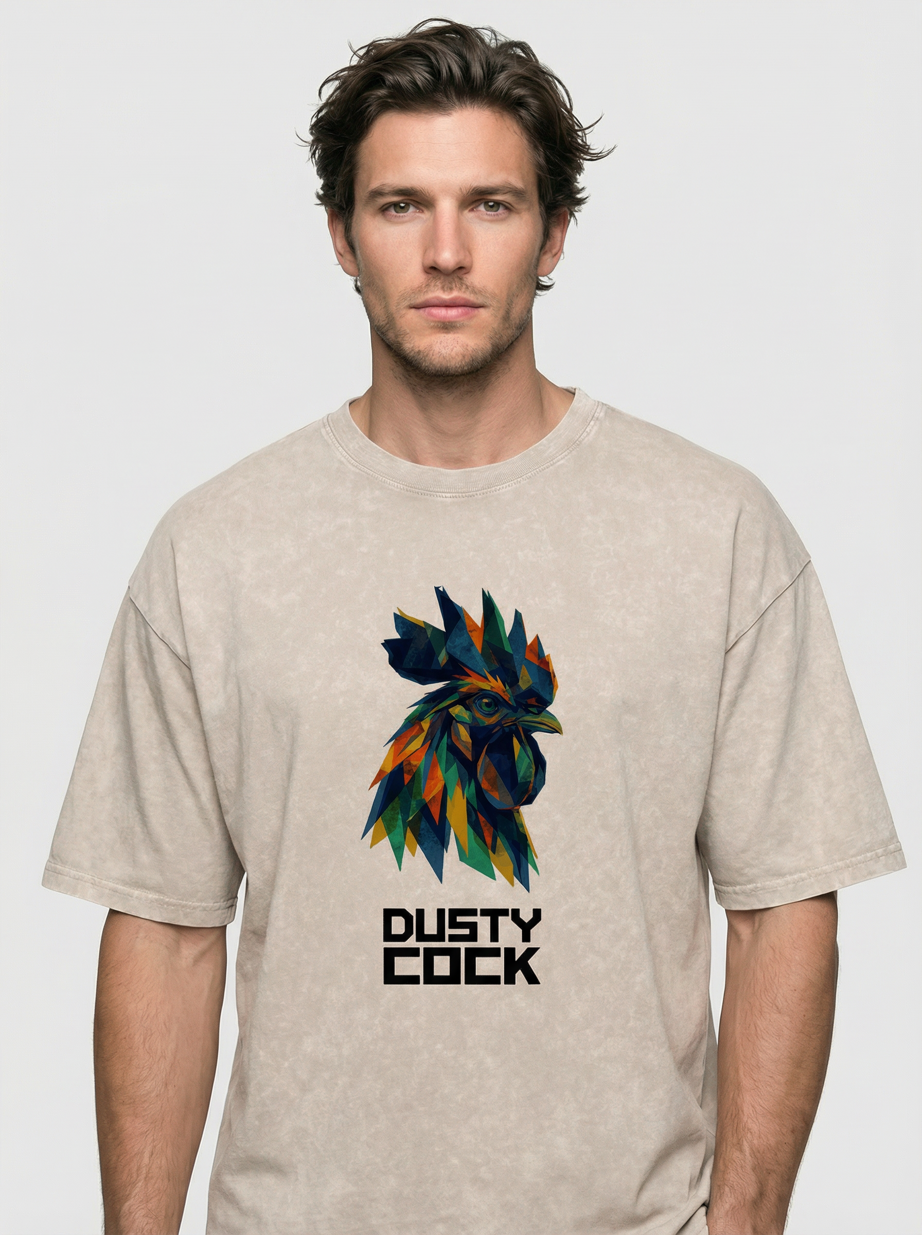Dusty Cock “Prismatic Rooster” Geometric Head Graphic Tee – Heavyweight 100% Cotton, Vintage Wash, Washed, White