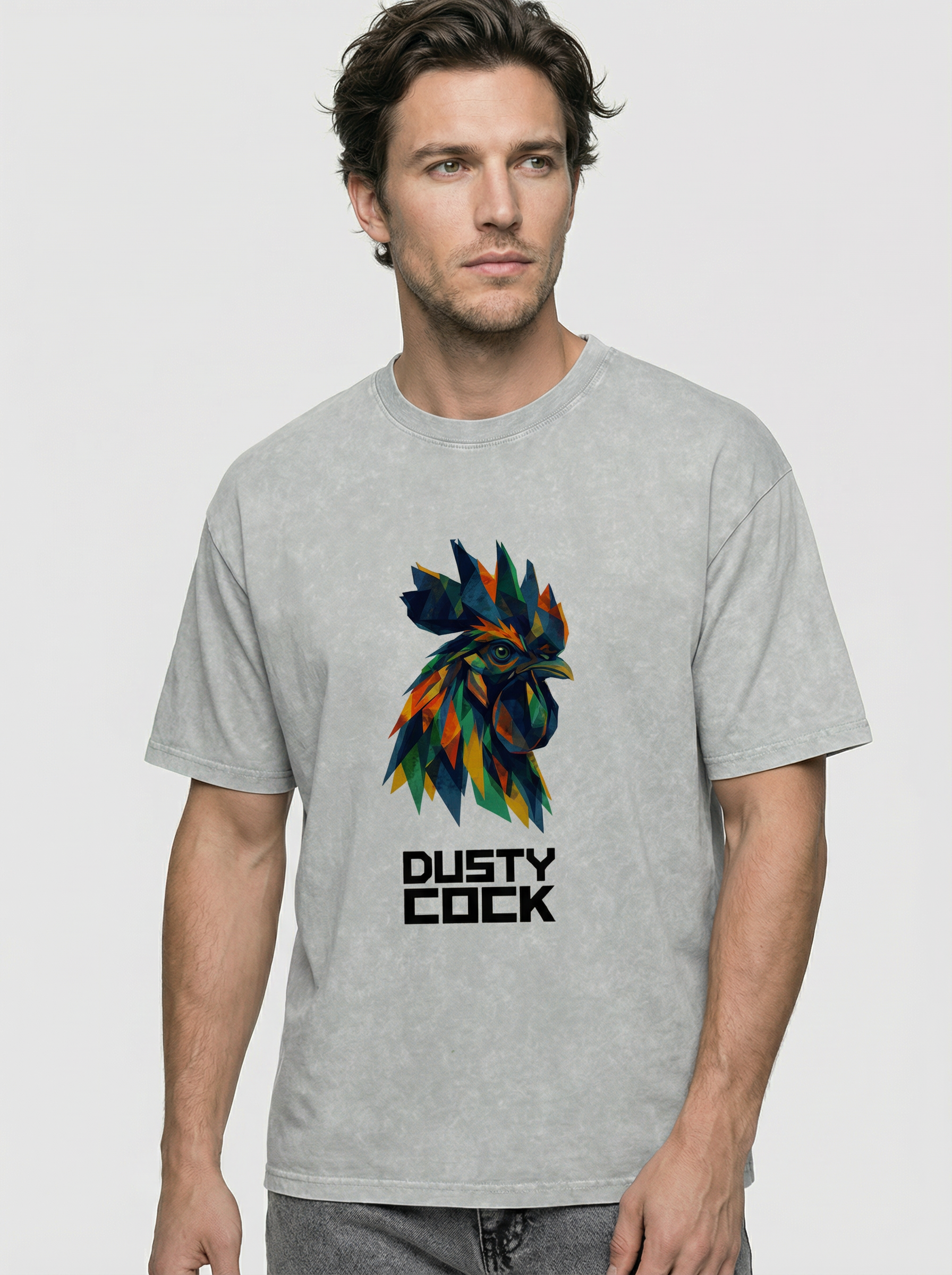 Dusty Cock “Prismatic Rooster” Geometric Head Graphic Tee – Heavyweight 100% Cotton, Vintage Wash, Washed