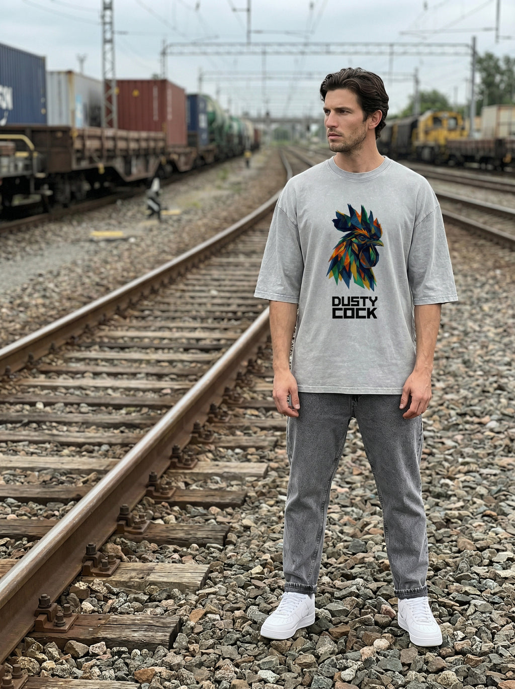 Dusty Cock “Prismatic Rooster” Geometric Head Graphic Tee – Heavyweight 100% Cotton, Vintage Wash, Washed