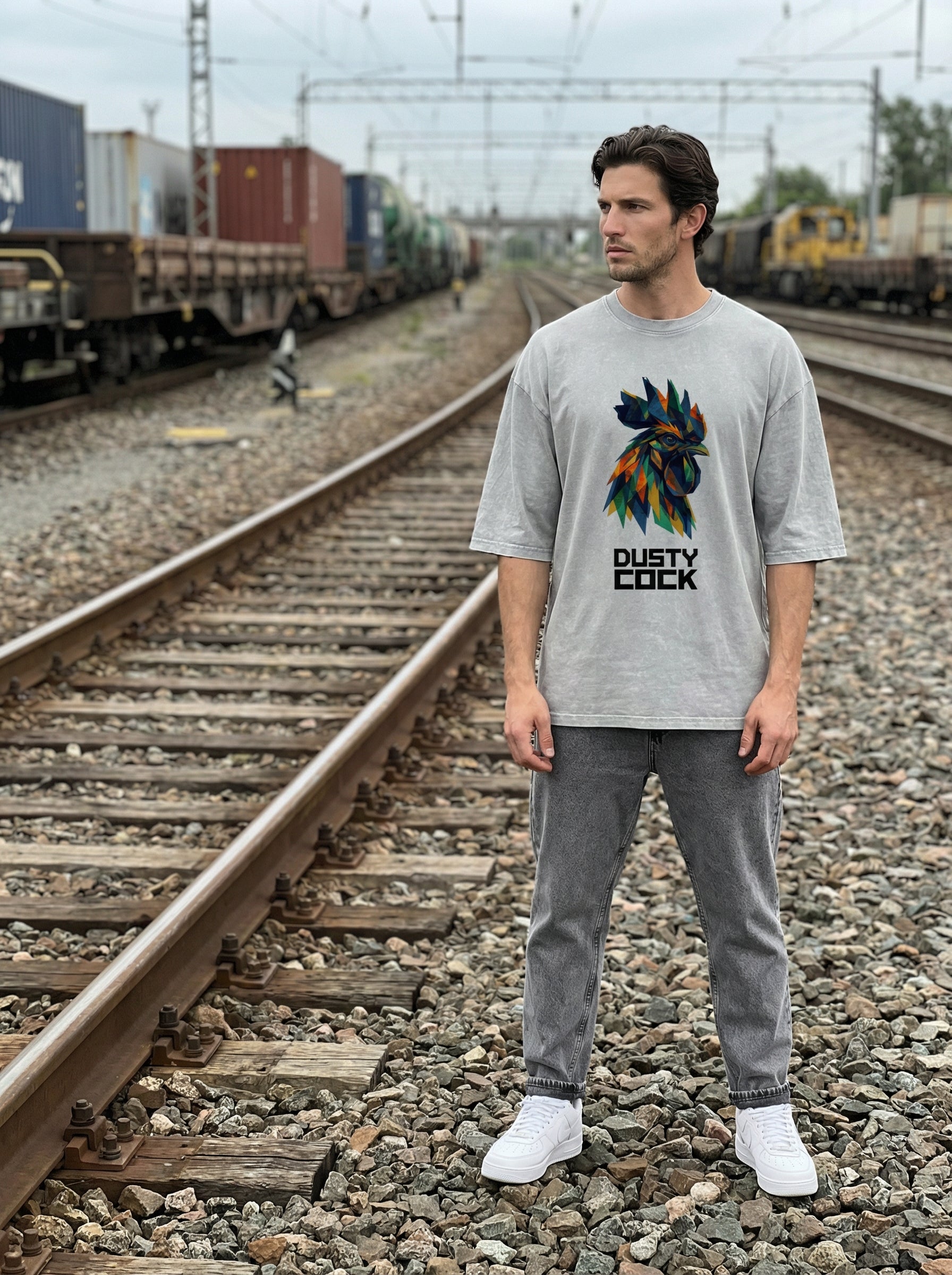 Dusty Cock “Prismatic Rooster” Geometric Head Graphic Tee – Heavyweight 100% Cotton, Vintage Wash, Washed