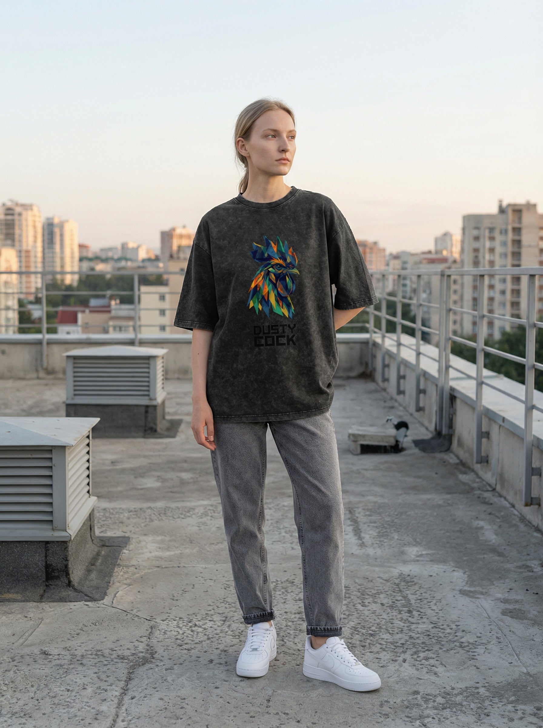 Dusty Cock “Prismatic Rooster” Geometric Head Graphic Tee – Heavyweight 100% Cotton, Vintage Wash, Washed
