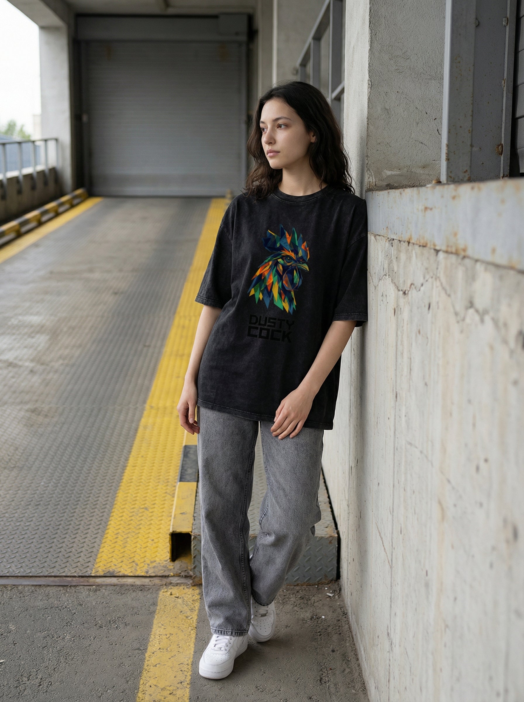 Dusty Cock “Prismatic Rooster” Geometric Head Graphic Tee – Heavyweight 100% Cotton, Vintage Wash, Washed