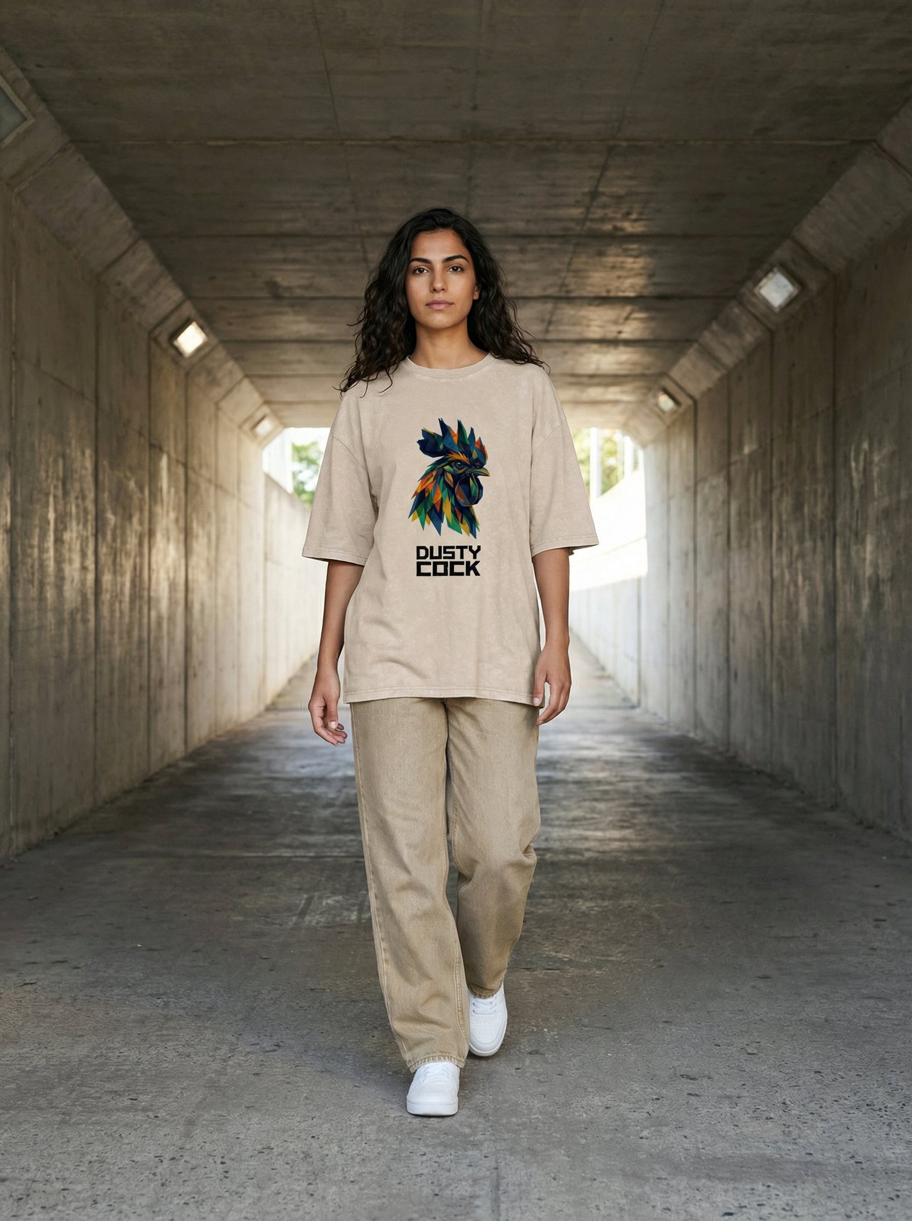 Dusty Cock “Prismatic Rooster” Geometric Head Graphic Tee – Heavyweight 100% Cotton, Vintage Wash, Washed, White