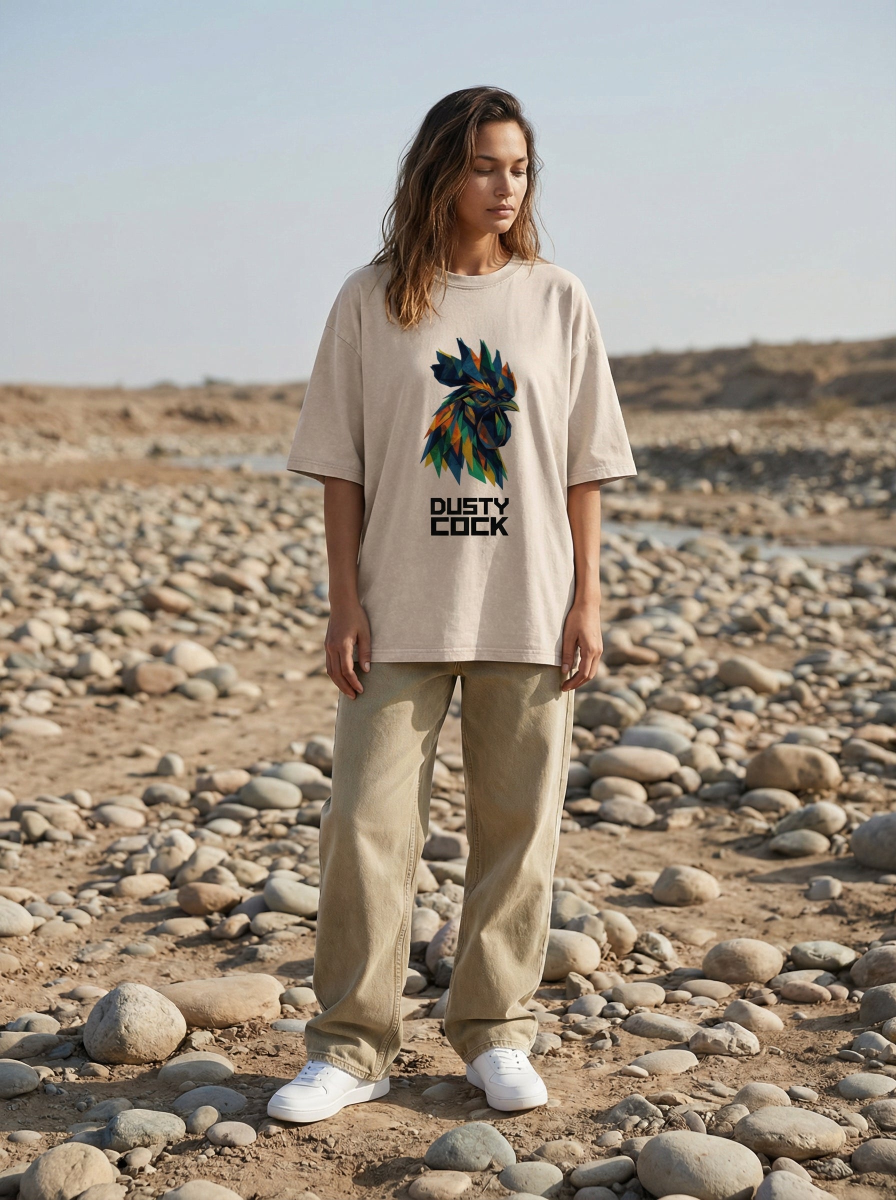 Dusty Cock “Prismatic Rooster” Geometric Head Graphic Tee – Heavyweight 100% Cotton, Vintage Wash, Washed, White