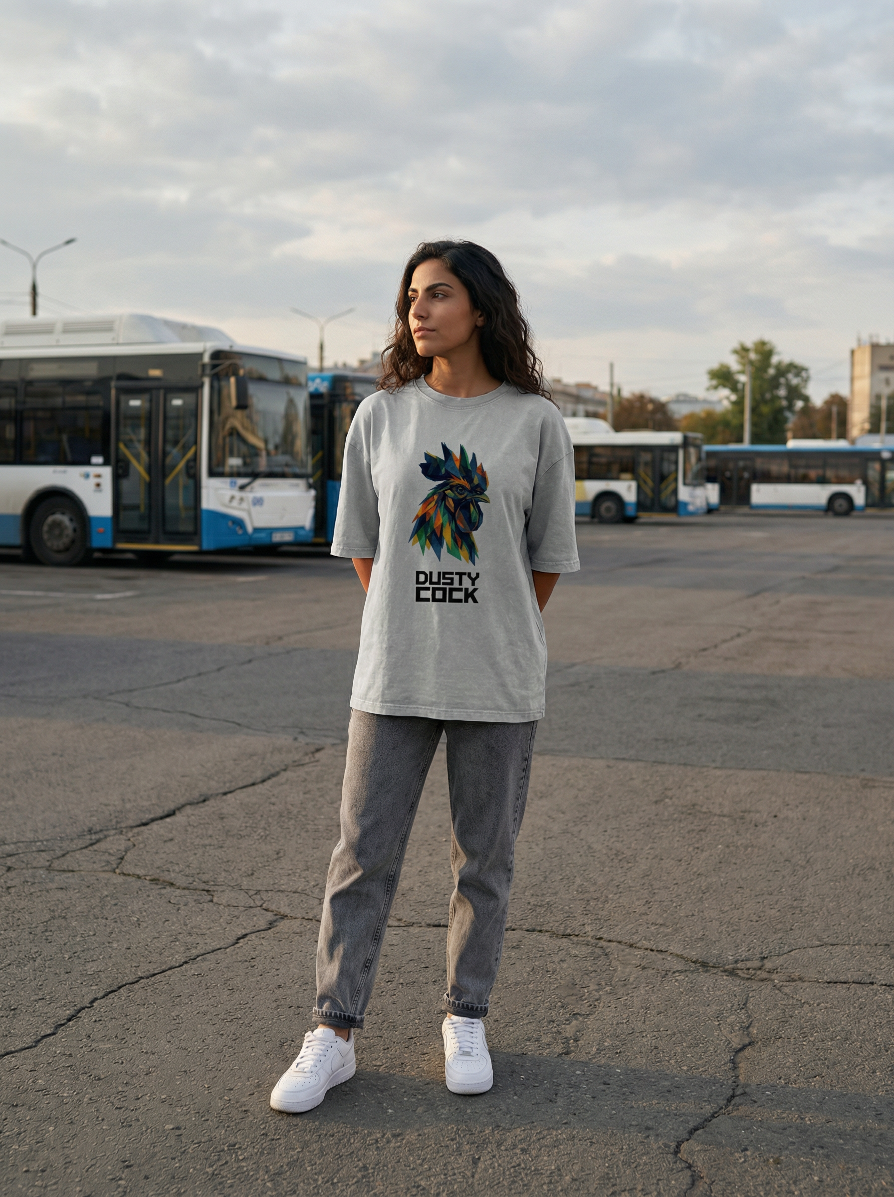 Dusty Cock “Prismatic Rooster” Geometric Head Graphic Tee – Heavyweight 100% Cotton, Vintage Wash, Washed