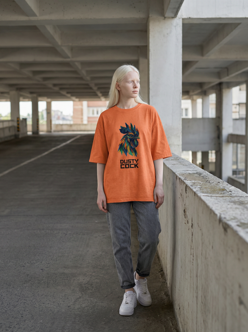 Dusty Cock “Prismatic Rooster” Geometric Head Graphic Tee – Heavyweight 100% Cotton, Vintage Wash, Washed