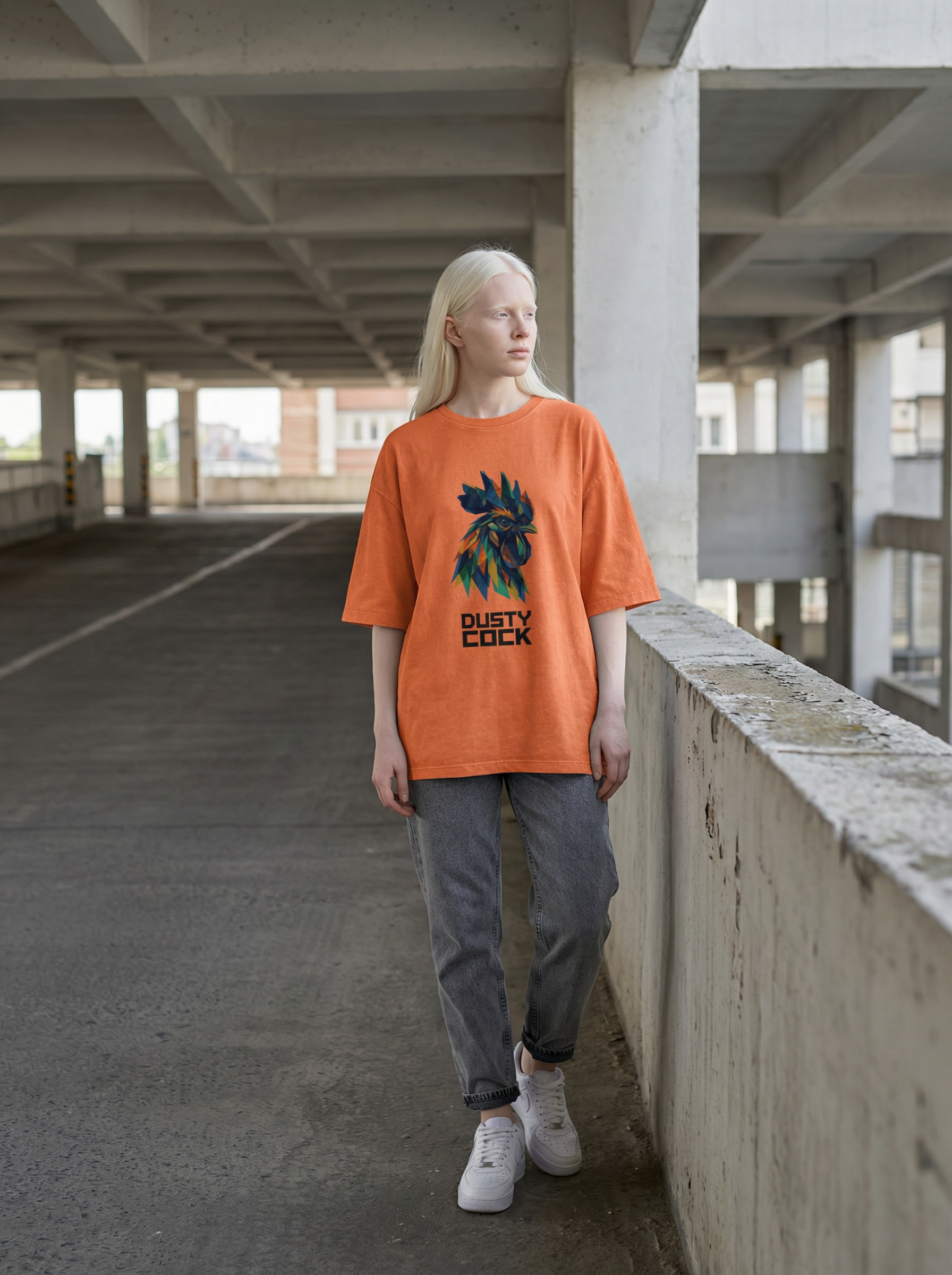 Dusty Cock “Prismatic Rooster” Geometric Head Graphic Tee – Heavyweight 100% Cotton, Vintage Wash, Washed