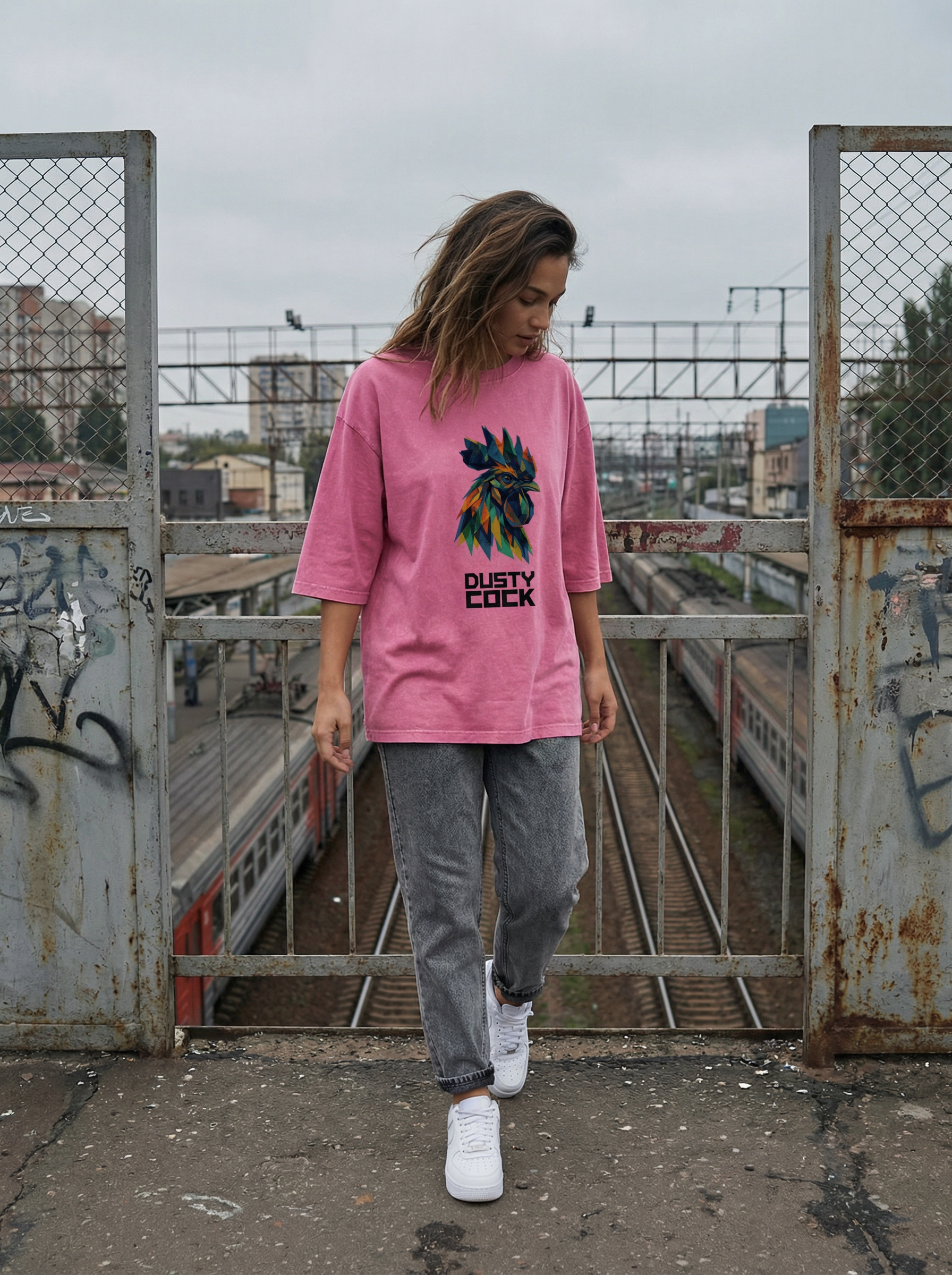 Dusty Cock “Prismatic Rooster” Geometric Head Graphic Tee – Heavyweight 100% Cotton, Vintage Wash, Washed