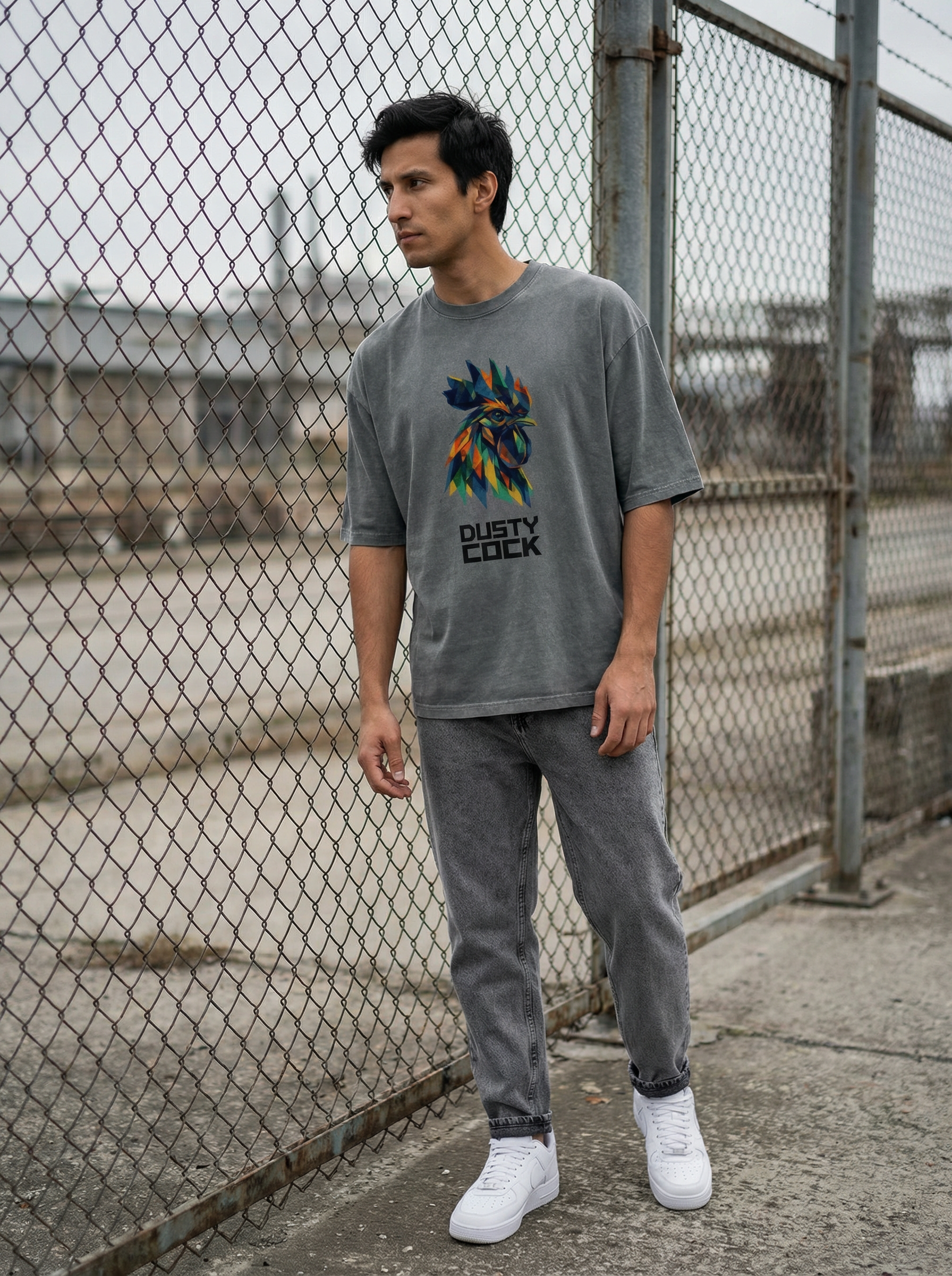 Dusty Cock “Prismatic Rooster” Geometric Head Graphic Tee – Heavyweight 100% Cotton, Vintage Wash, Washed