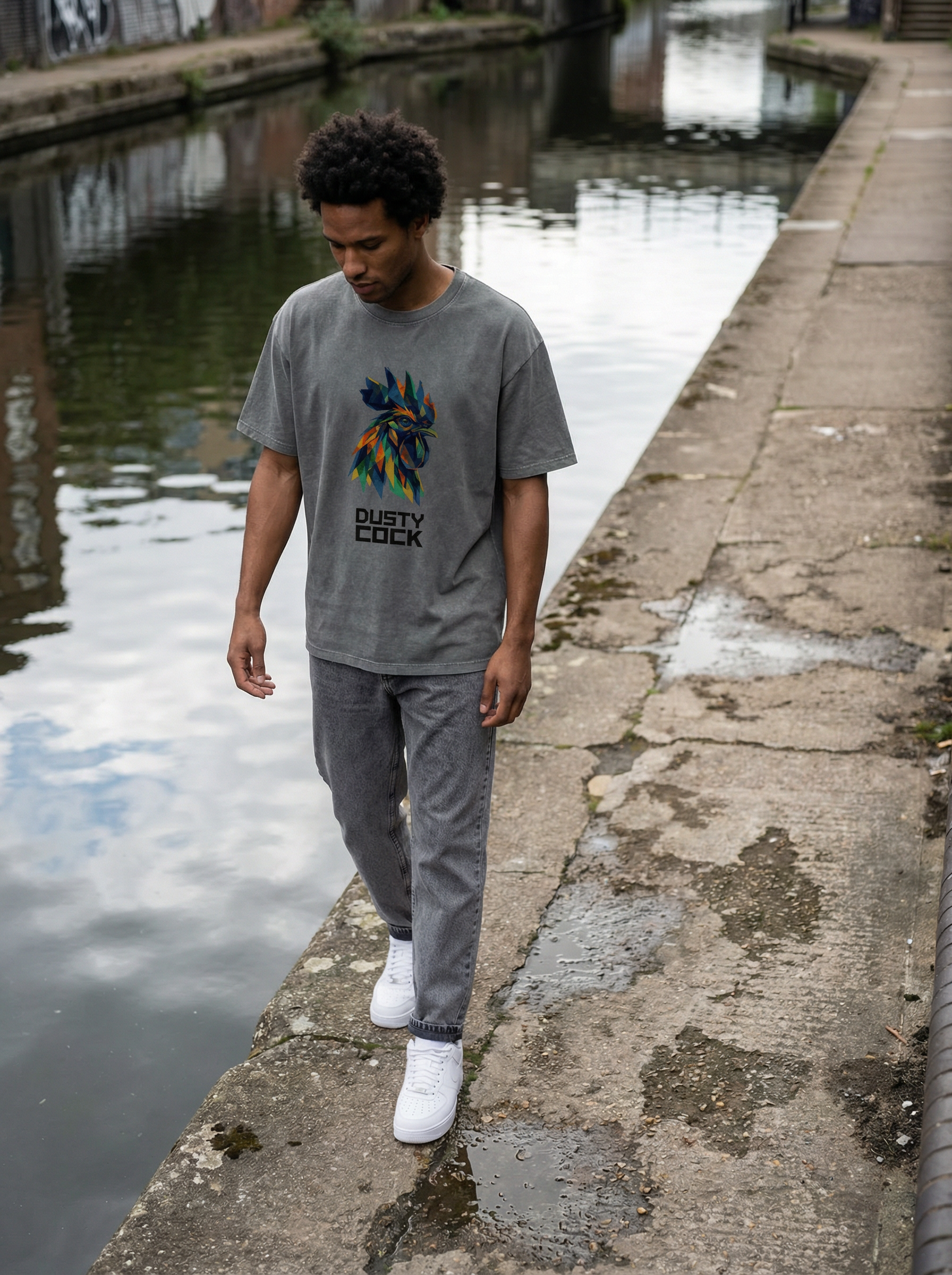 Dusty Cock “Prismatic Rooster” Geometric Head Graphic Tee – Heavyweight 100% Cotton, Vintage Wash, Washed