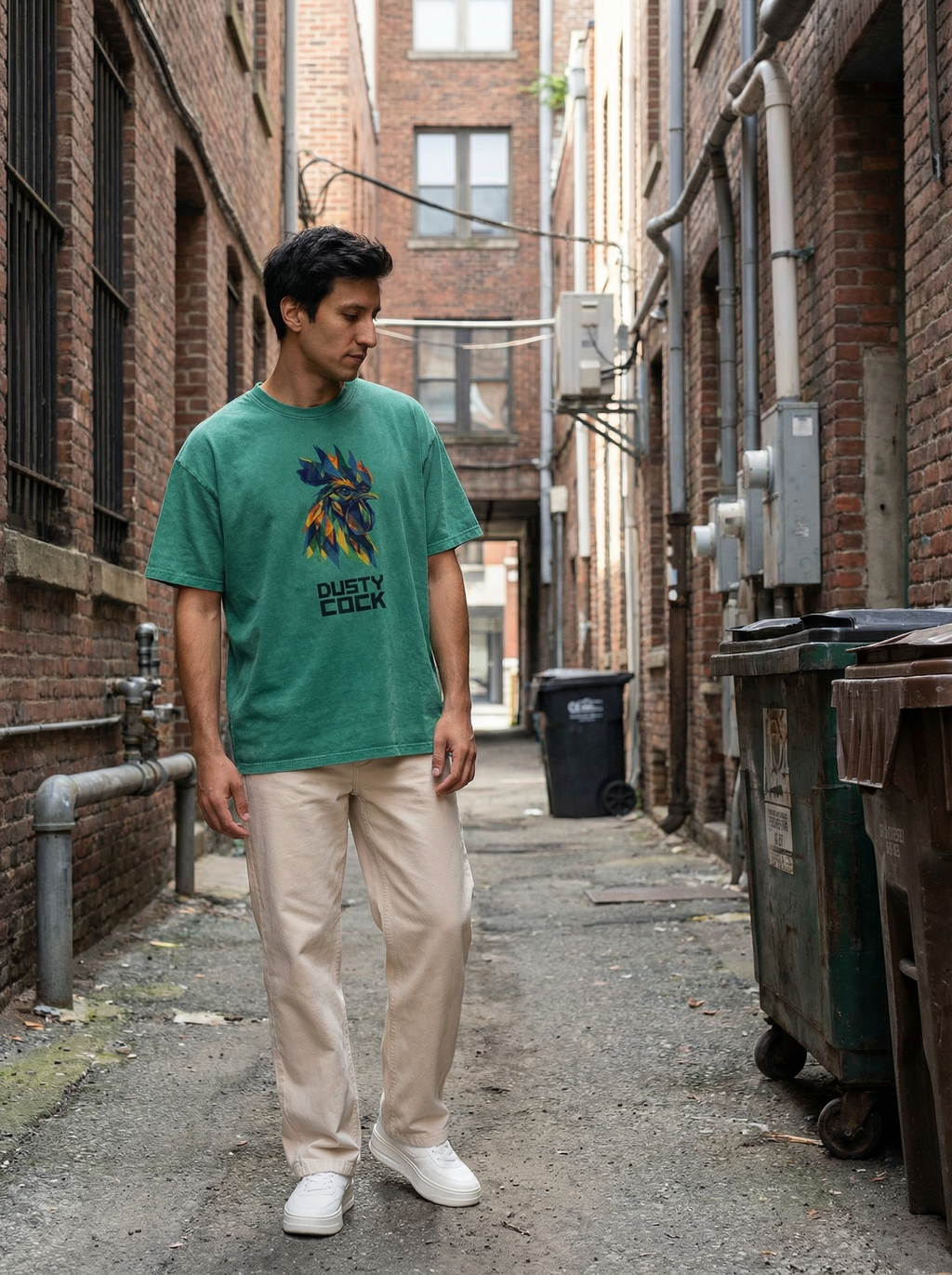 Dusty Cock “Prismatic Rooster” Geometric Head Graphic Tee – Heavyweight 100% Cotton, Vintage Wash, Washed