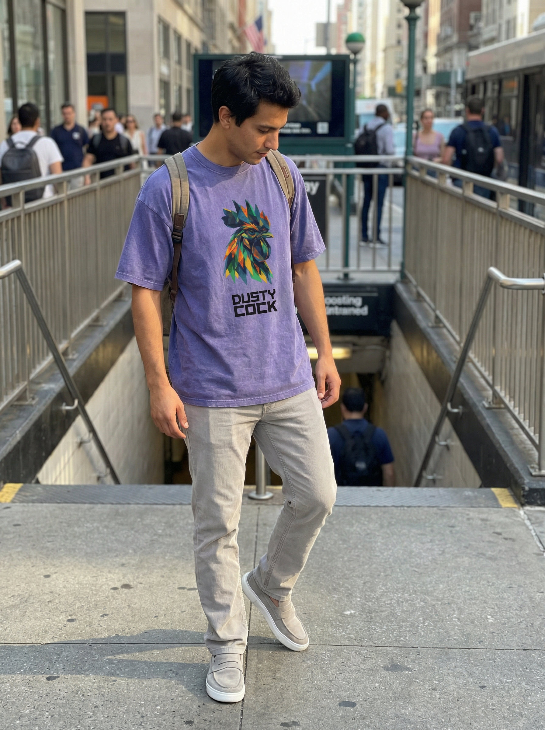 Dusty Cock “Prismatic Rooster” Geometric Head Graphic Tee – Heavyweight 100% Cotton, Vintage Wash, Washed