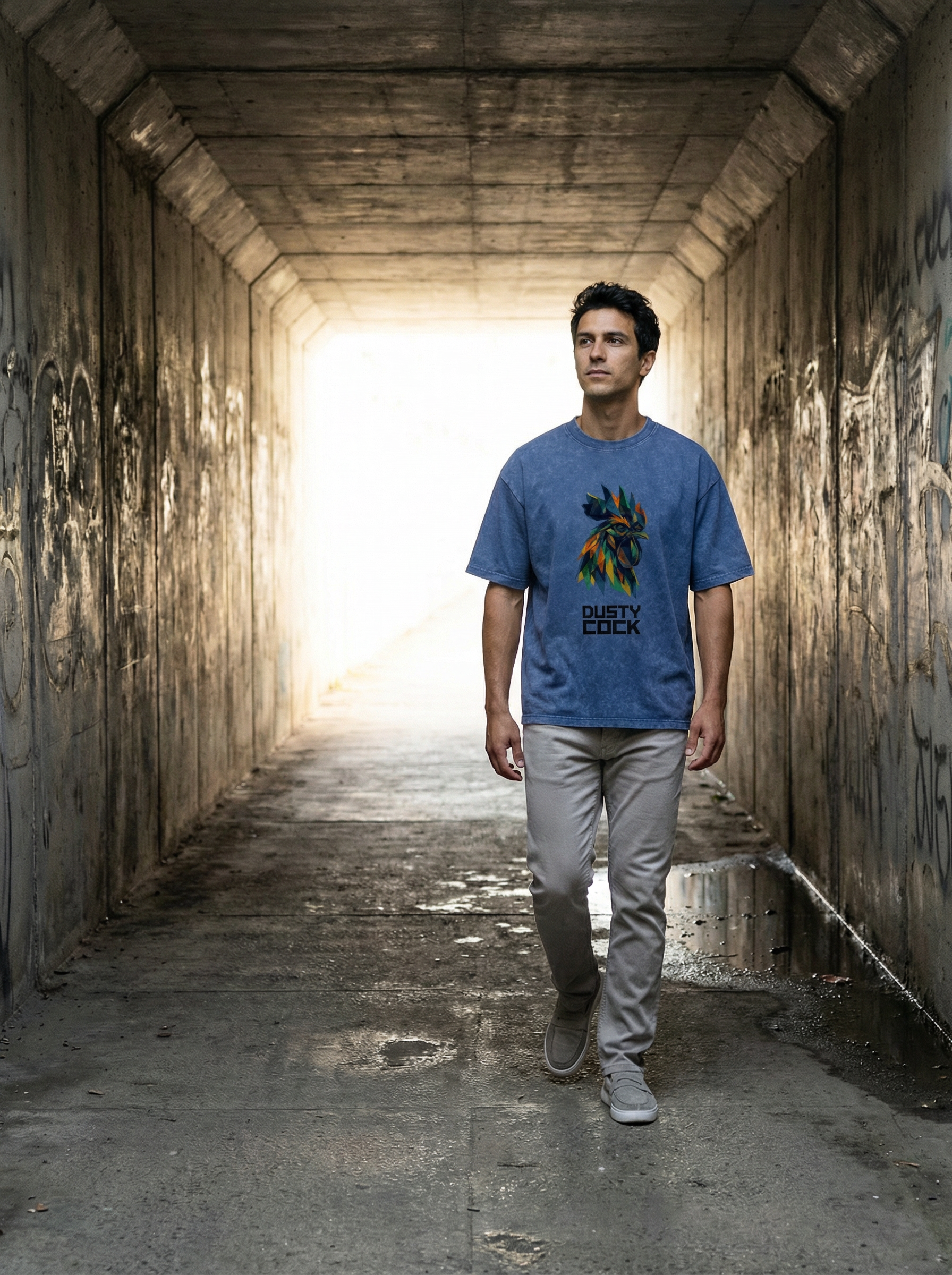 Dusty Cock “Prismatic Rooster” Geometric Head Graphic Tee – Heavyweight 100% Cotton, Vintage Wash, Washed