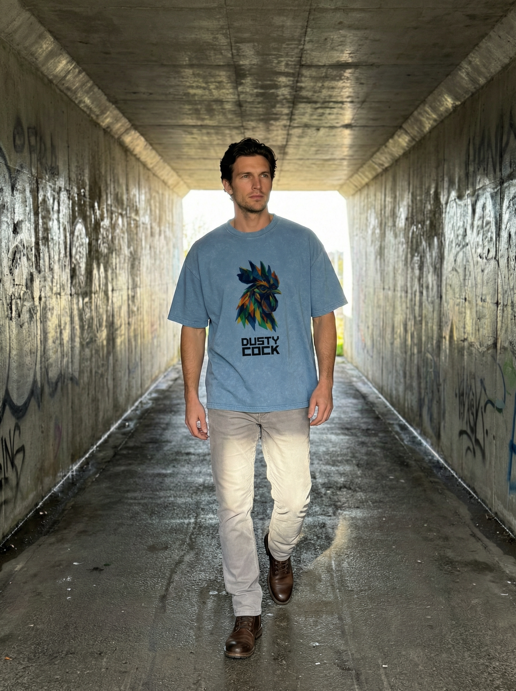 Dusty Cock “Prismatic Rooster” Geometric Head Graphic Tee – Heavyweight 100% Cotton, Vintage Wash, Washed
