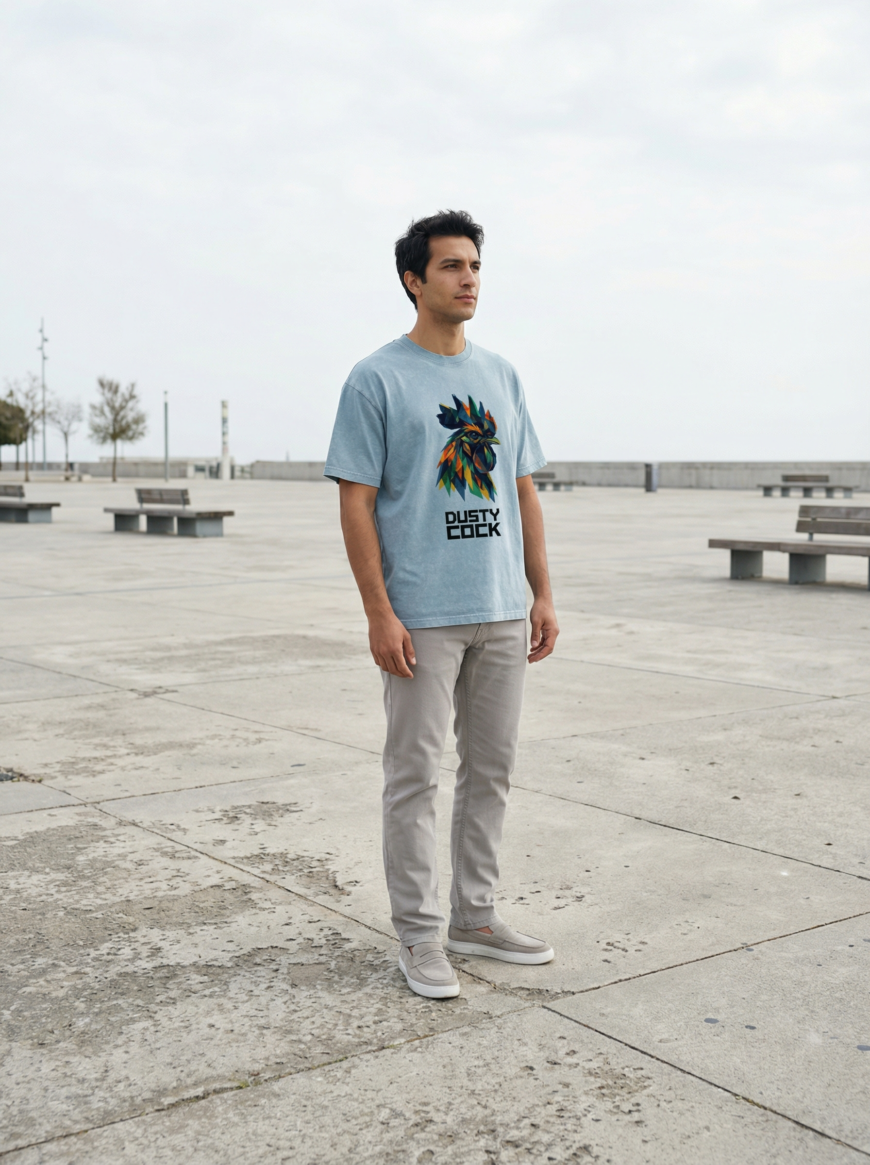 Dusty Cock “Prismatic Rooster” Geometric Head Graphic Tee – Heavyweight 100% Cotton, Vintage Wash, Washed