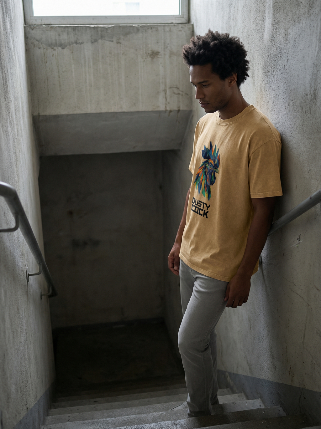 Dusty Cock “Prismatic Rooster” Geometric Head Graphic Tee – Heavyweight 100% Cotton, Vintage Wash, Washed