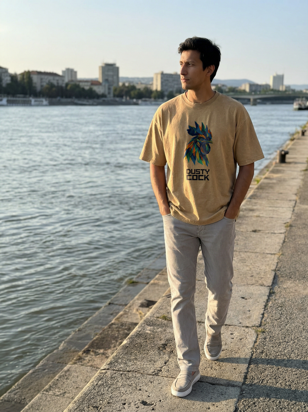 Dusty Cock “Prismatic Rooster” Geometric Head Graphic Tee – Heavyweight 100% Cotton, Vintage Wash, Washed