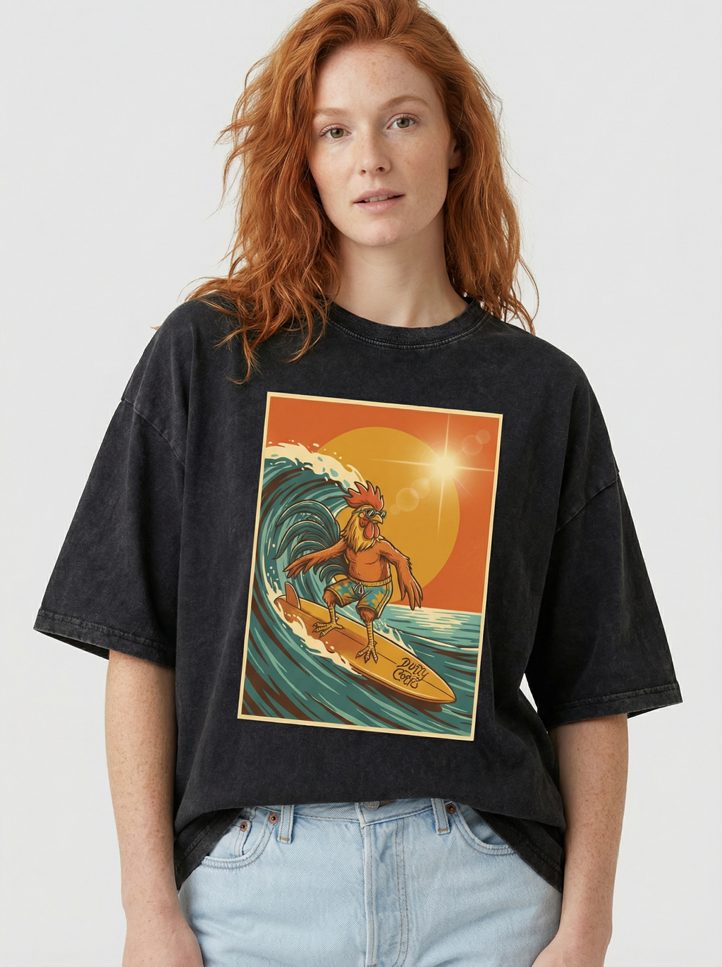 Dusty Cock, Rooster Surfer Graphic Tee – Heavyweight 100% Cotton, Vintage Wash