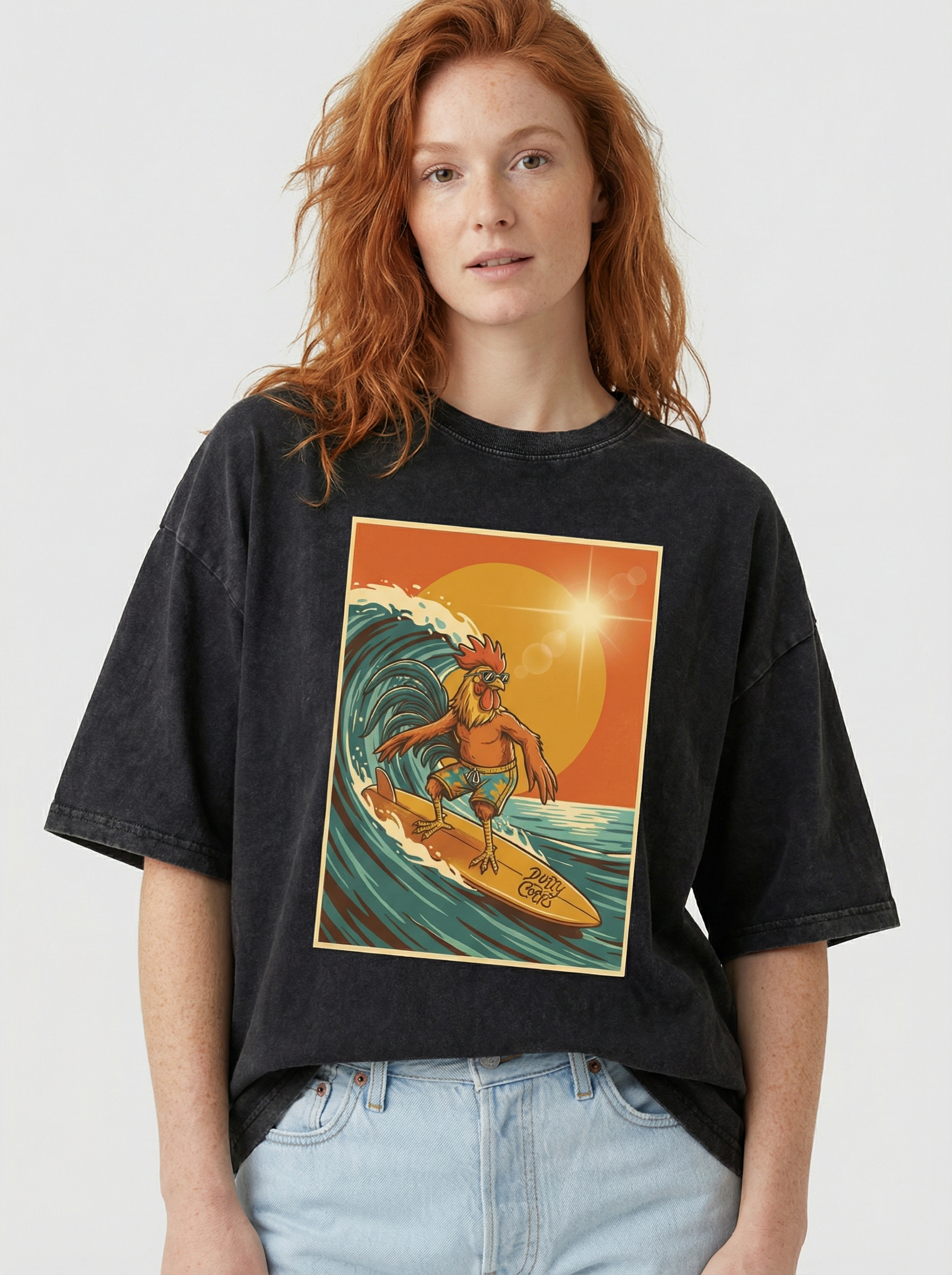 Dusty Cock, Rooster Surfer Graphic Tee – Heavyweight 100% Cotton, Vintage Wash