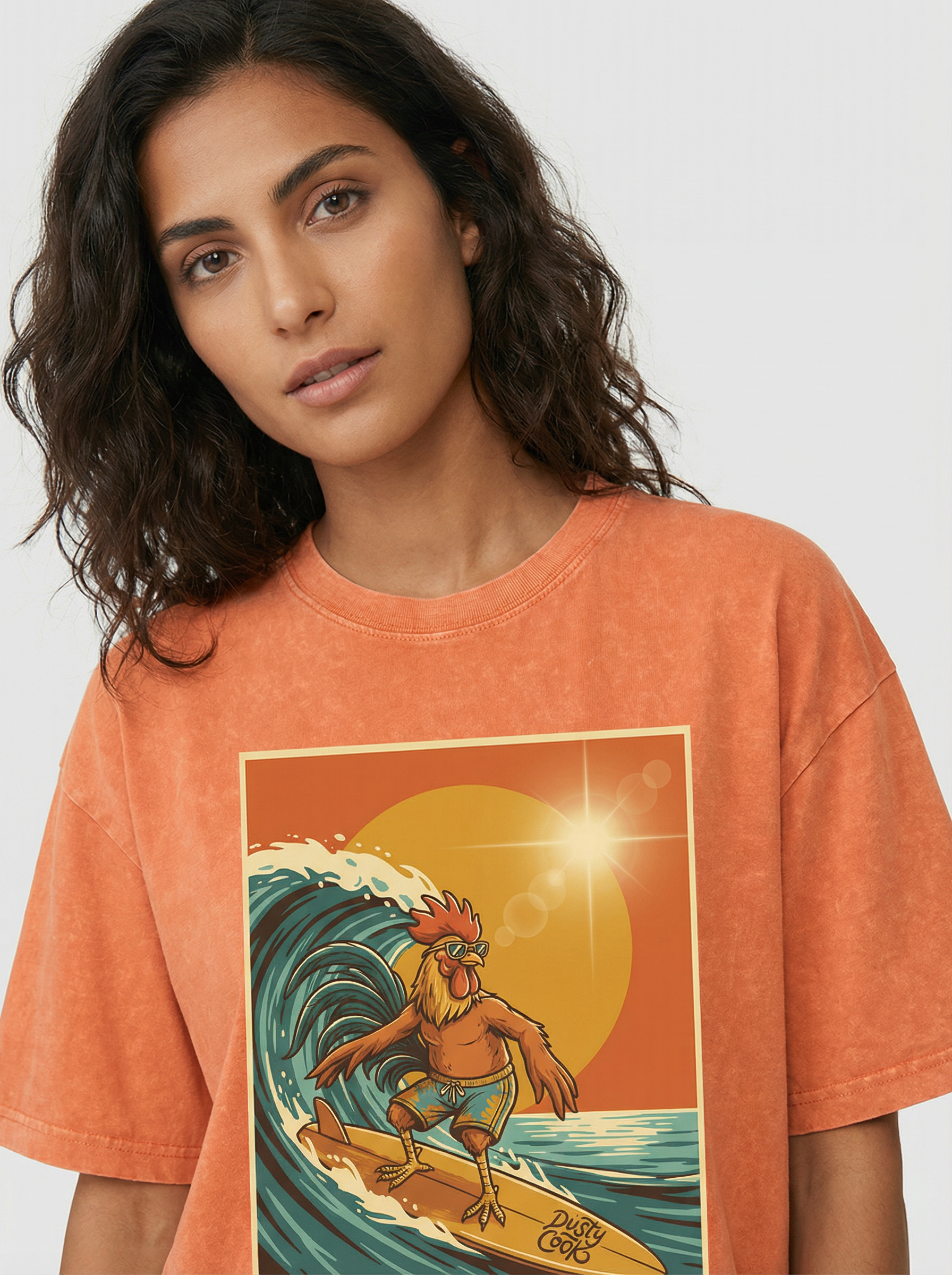 Dusty Cock, Rooster Surfer Graphic Tee – Heavyweight 100% Cotton, Vintage Wash
