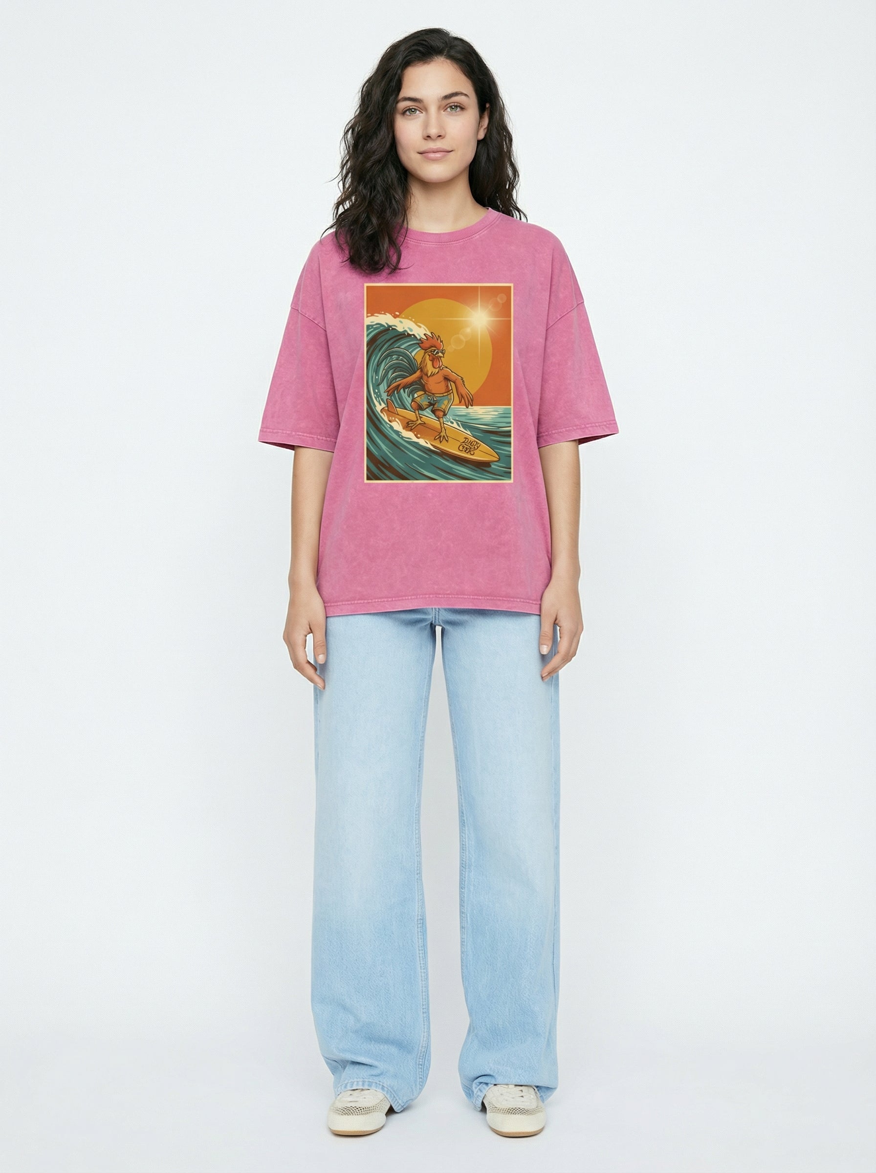 Dusty Cock, Rooster Surfer Graphic Tee – Heavyweight 100% Cotton, Vintage Wash