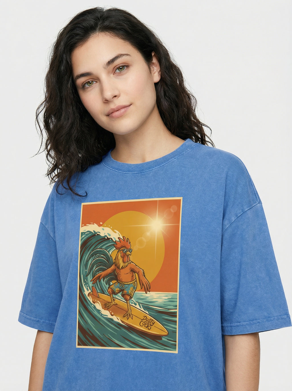 Dusty Cock, Rooster Surfer Graphic Tee – Heavyweight 100% Cotton, Vintage Wash