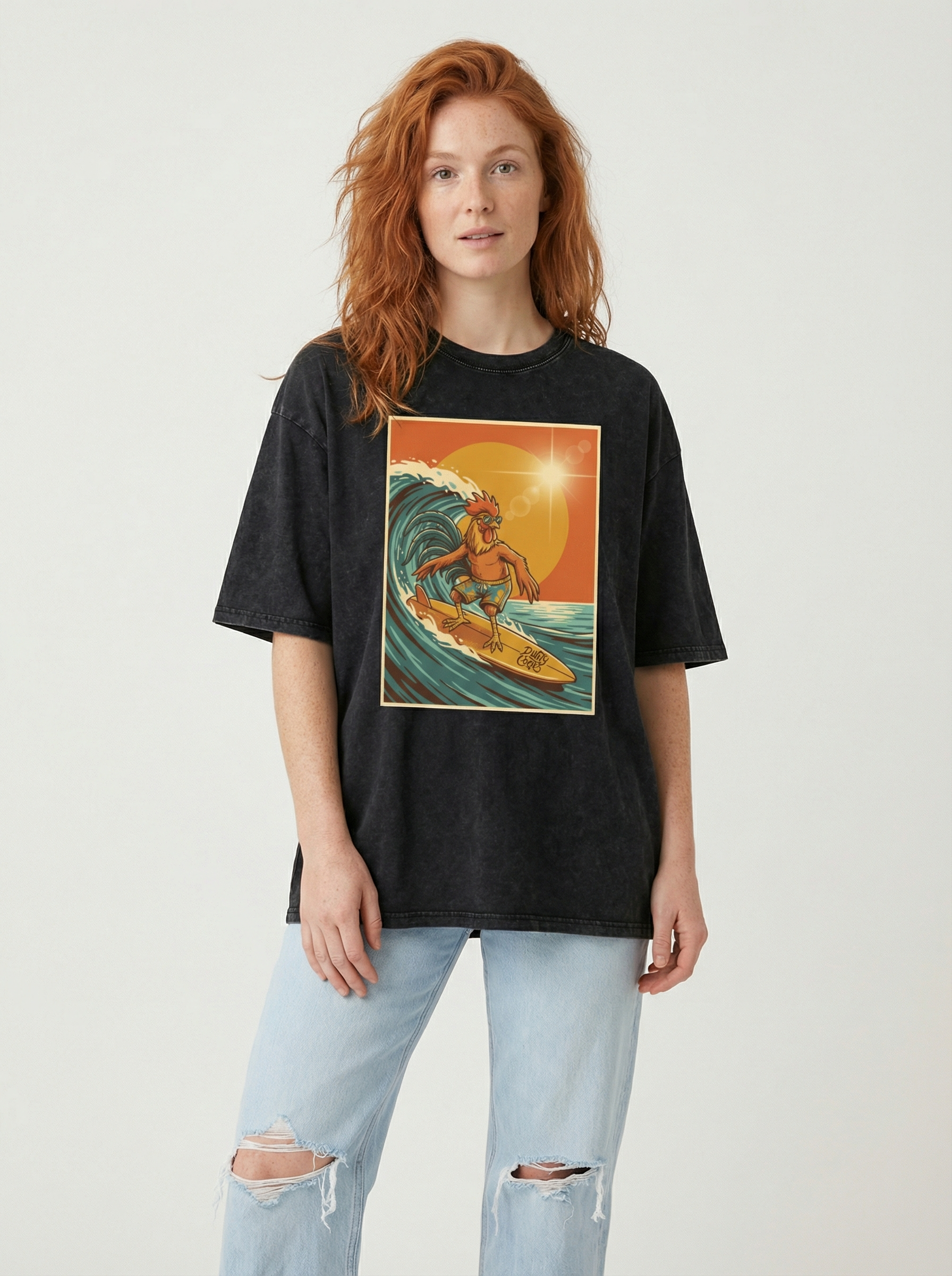 Dusty Cock, Rooster Surfer Graphic Tee – Heavyweight 100% Cotton, Vintage Wash